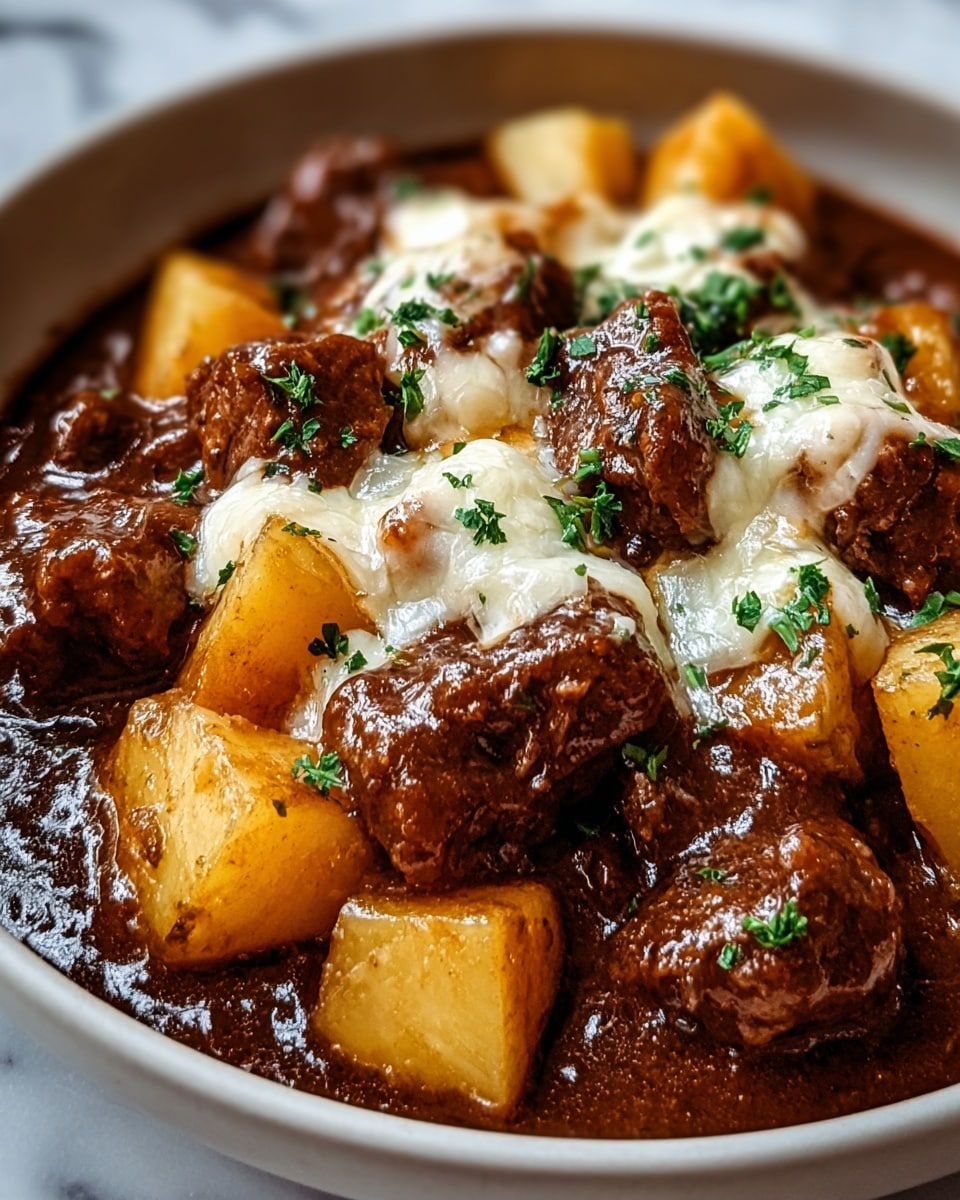 A close-up view of a stew with two main layers: the bottom layer is a glossy, dark brown thick sauce with a rich texture, and on top are roughly cubed golden yellow potatoes with a soft, slightly shiny surface mixed with dark brown meat chunks that are topped with melted white cheese showing a smooth, slightly stringy texture. Fresh green chopped herbs are scattered evenly over the meat and potatoes, adding a bit of color contrast. The dish is served in a white bowl sitting on a white marbled texture surface, creating a clean and simple setting. Photo taken with an iphone --ar 4:5 --v 7