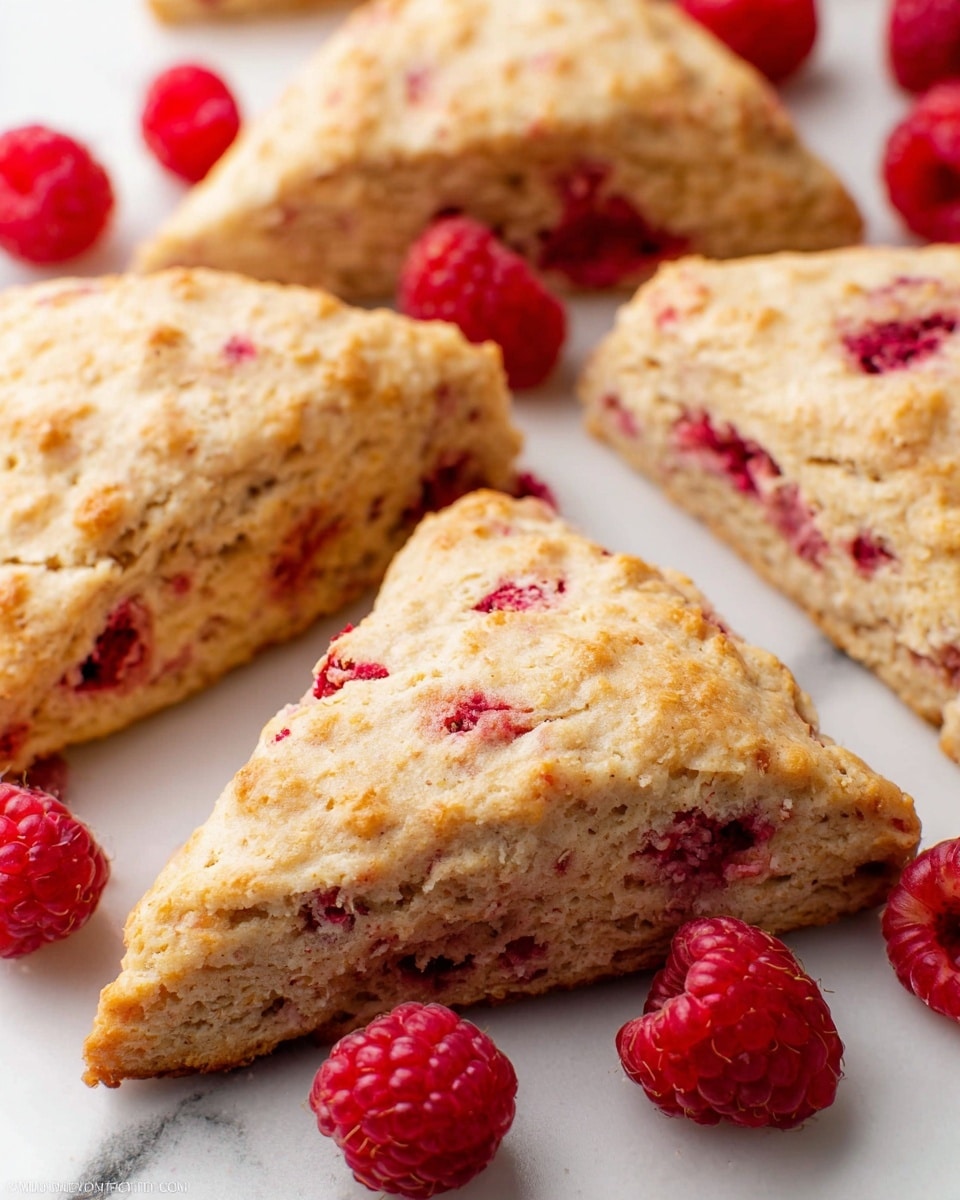 This image shows several triangular scones with a light brown color that have small bright red raspberry pieces mixed inside them. The scones have a crumbly texture and look soft inside. Around the scones, there are fresh whole red raspberries scattered on a white marbled surface. The scones are placed close together but are not stacked, allowing the layers inside the scones to be seen clearly. photo taken with an iphone --ar 4:5 --v 7