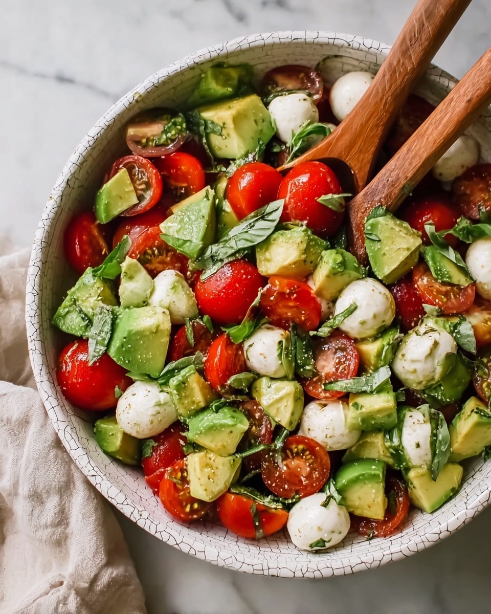 A close-up view of a fresh salad in a round white bowl with a cracked texture on the edge, placed on a white marbled surface. The salad has three main layers mixed together: round red cherry tomatoes, white mozzarella balls, and green avocado chunks cut into bite-sized pieces. Fresh green basil leaves are scattered on top, adding color and texture. Two wooden spoons are partially visible in the bowl, gently holding some salad, with a soft beige cloth partially visible to the side. The salad looks fresh, colorful, and juicy. Photo taken with an iphone --ar 4:5 --v 7