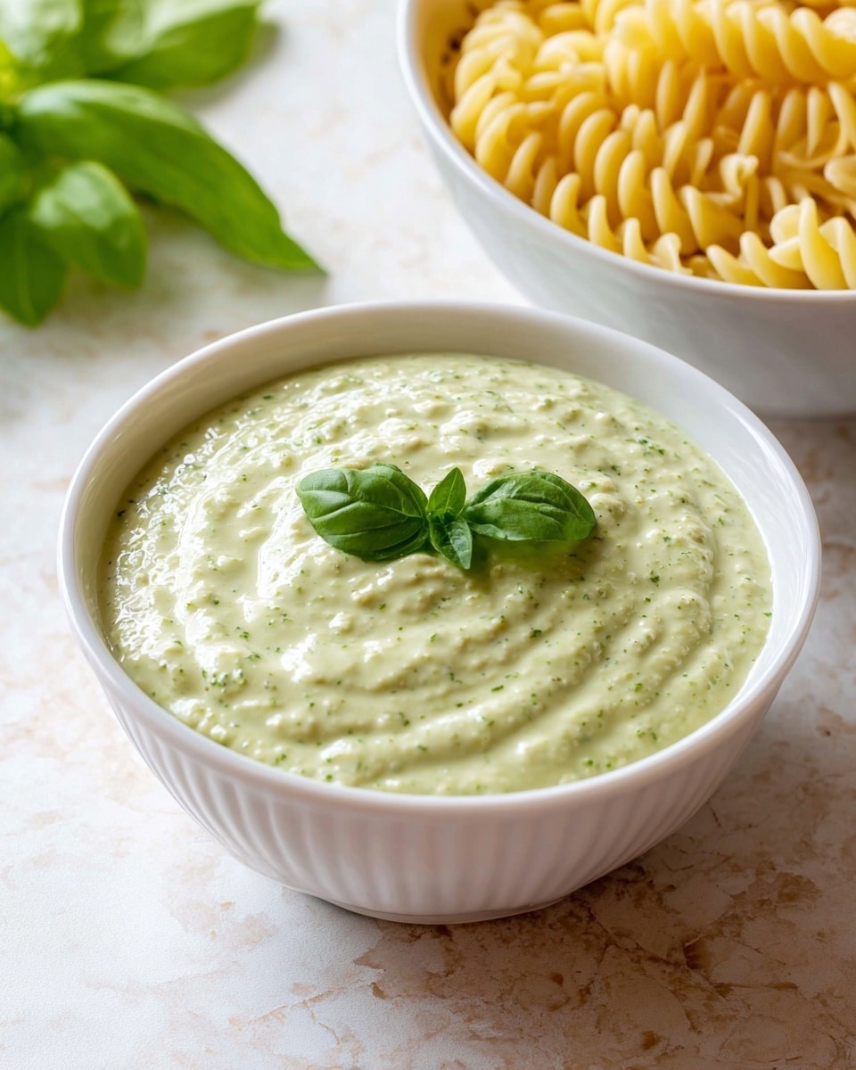 A white bowl filled with creamy light green pesto sauce that has a smooth, slightly textured surface and small green herb specks throughout, topped with a single bright green fresh basil leaf placed in the center. In the background, there is another white bowl filled with pale yellow spiral pasta, set on a white marbled textured surface. photo taken with an iphone --ar 4:5 --v 7