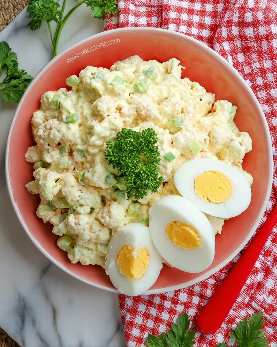 The image shows a close-up view of a creamy salad served in a white bowl with a reddish-pink inside. The salad is made of small, creamy, off-white cauliflower pieces mixed with a yellowish dressing and small green bits, likely celery or herbs. On top of the salad are three slices of hard-boiled egg, each with a white outer layer and bright yellow yolks in the center. A small bunch of fresh green parsley decorates the top of the dish. The bowl is placed on a white marbled surface, with part of a red-and-white checkered cloth and some parsley leaves visible to the side, along with a red spoon handle at the corner. photo taken with an iphone --ar 4:5 --v 7