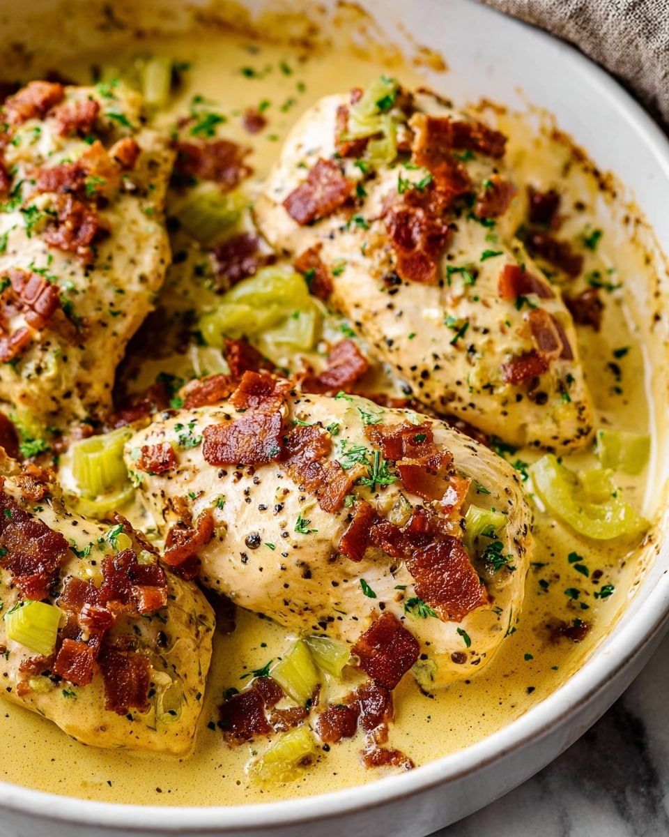 The image shows a close-up of chicken breasts cooked in a creamy, light yellow sauce with green herbs and spices mixed in. The chicken pieces, slightly browned and seasoned with black pepper and herbs, are covered with small crispy reddish-brown bacon bits scattered on top. There are also sliced light green peppers placed over and around the chicken. The dish is in a white bowl with some sauce splashed on the edges, set against a white marbled texture. photo taken with an iphone --ar 4:5 --v 7