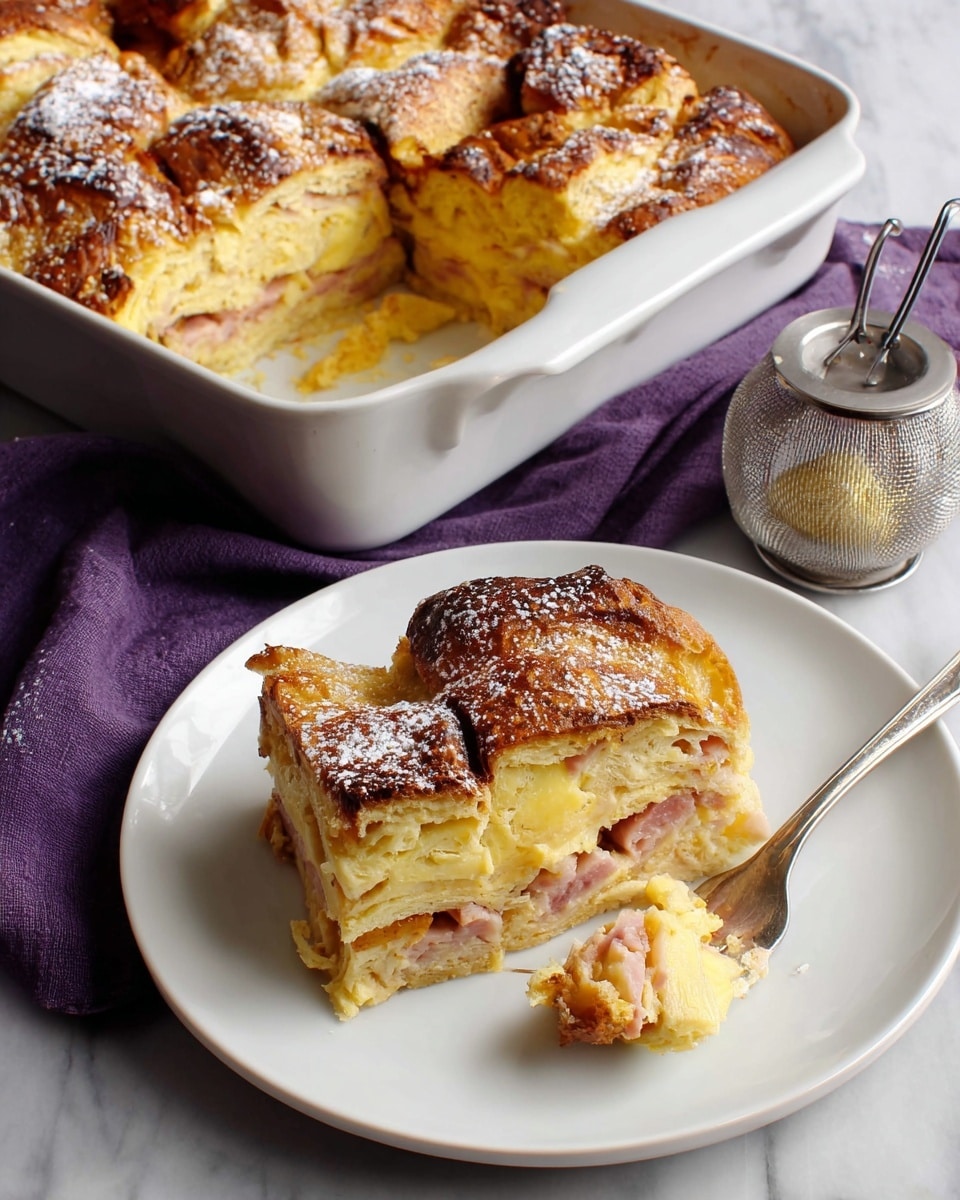 The image shows a white baking dish filled with a golden-brown layered bread pudding with a slightly crispy, browned top dusted with powdered sugar. One portion has been cut and placed on a white round plate in the foreground, showing three visible layers: the top layer is a flaky, toasted bread with a yellowish custard glaze, the middle layer is a creamy mix with light pinkish pieces of ham, and the bottom layer appears denser and slightly browned from baking. The plate also has a silver fork resting on its edge, with some of the dish on the tines. The dish and plate sit on a white marbled surface, next to a purple cloth with a silver tea infuser resting on top. Photo taken with an iphone --ar 4:5 --v 7