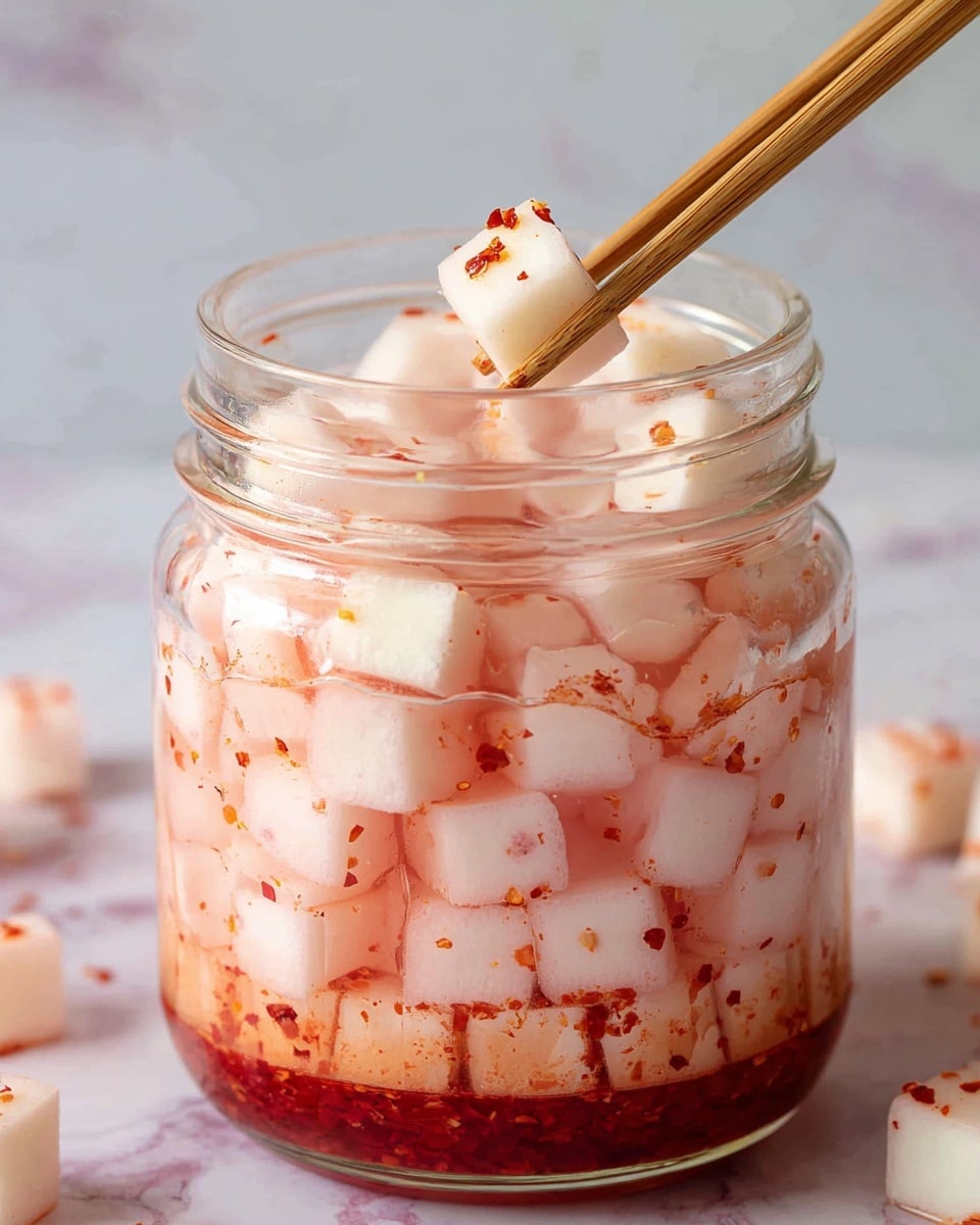 A glass jar filled with many small white cubes layered in a light pink liquid with red chili flakes scattered throughout, the bottom layer has a thicker, concentrated red sauce. Wooden chopsticks are holding one cube near the top of the jar. The background has a white marbled texture with soft light, creating a fresh and clean look. photo taken with an iphone --ar 4:5 --v 7