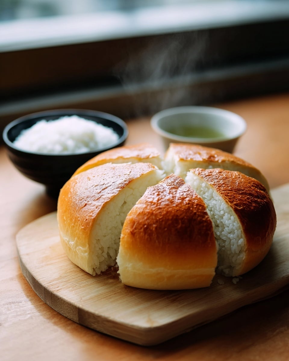 A round bread is cut into four thick slices arranged in a circle, showing soft white rice inside each section. The top of the bread is golden brown and smooth with a slightly shiny texture, while steam rises gently from the warm rice filling. The bread sits on a simple wooden board, placed on a white marbled surface. In the background, a small black bowl filled with more white rice and a white cup with green tea can be seen slightly out of focus. The scene is warmly lit by natural light coming from a window behind. photo taken with an iphone --ar 4:5 --v 7