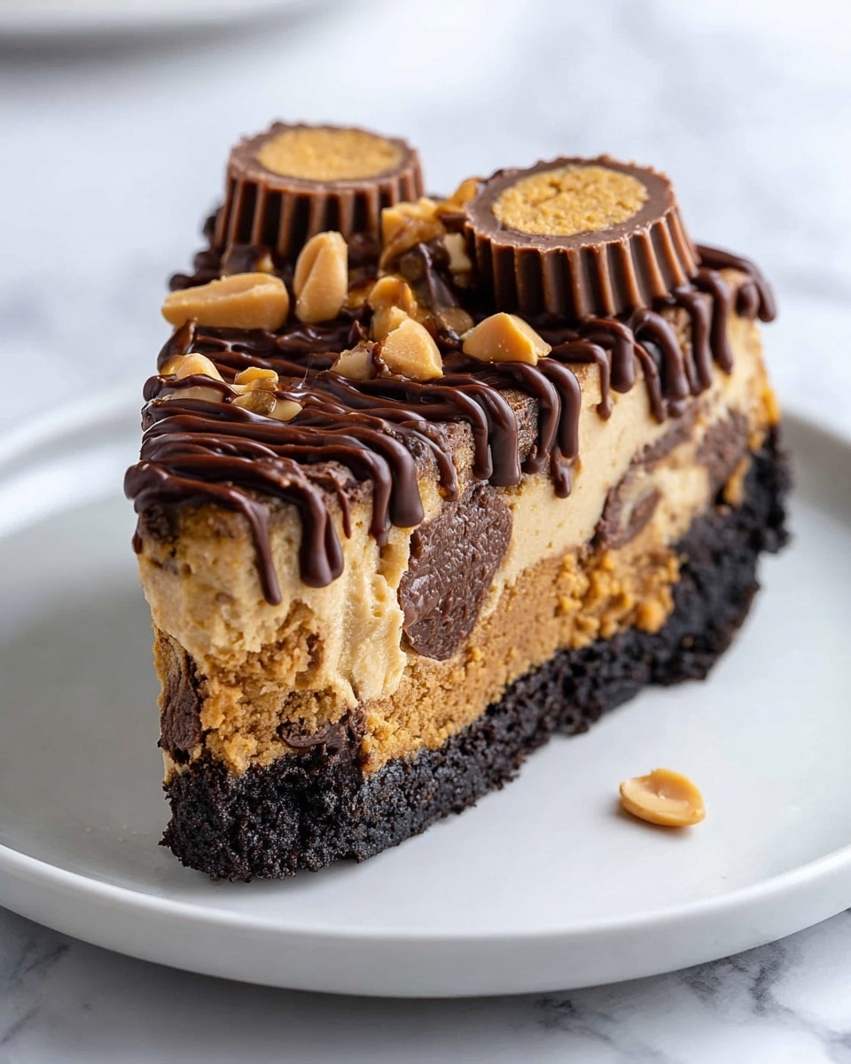 A close-up of a layered dessert bar on a white plate, placed on a white marbled surface. The bottom layer is dark with a crumbly texture, likely an Oreo or chocolate crust. Above it is a light brown, creamy peanut butter layer dotted with large dark chocolate chips. Over this is a thick, smooth layer of dark chocolate fudge. The topmost layer is decorated with an assortment of small peanut butter cups, dark chocolate chips, and butterscotch chips, creating a rich, textured surface. The edges show a mix of gooey peanut butter and chocolate spread. Photo taken with an iphone --ar 4:5 --v 7