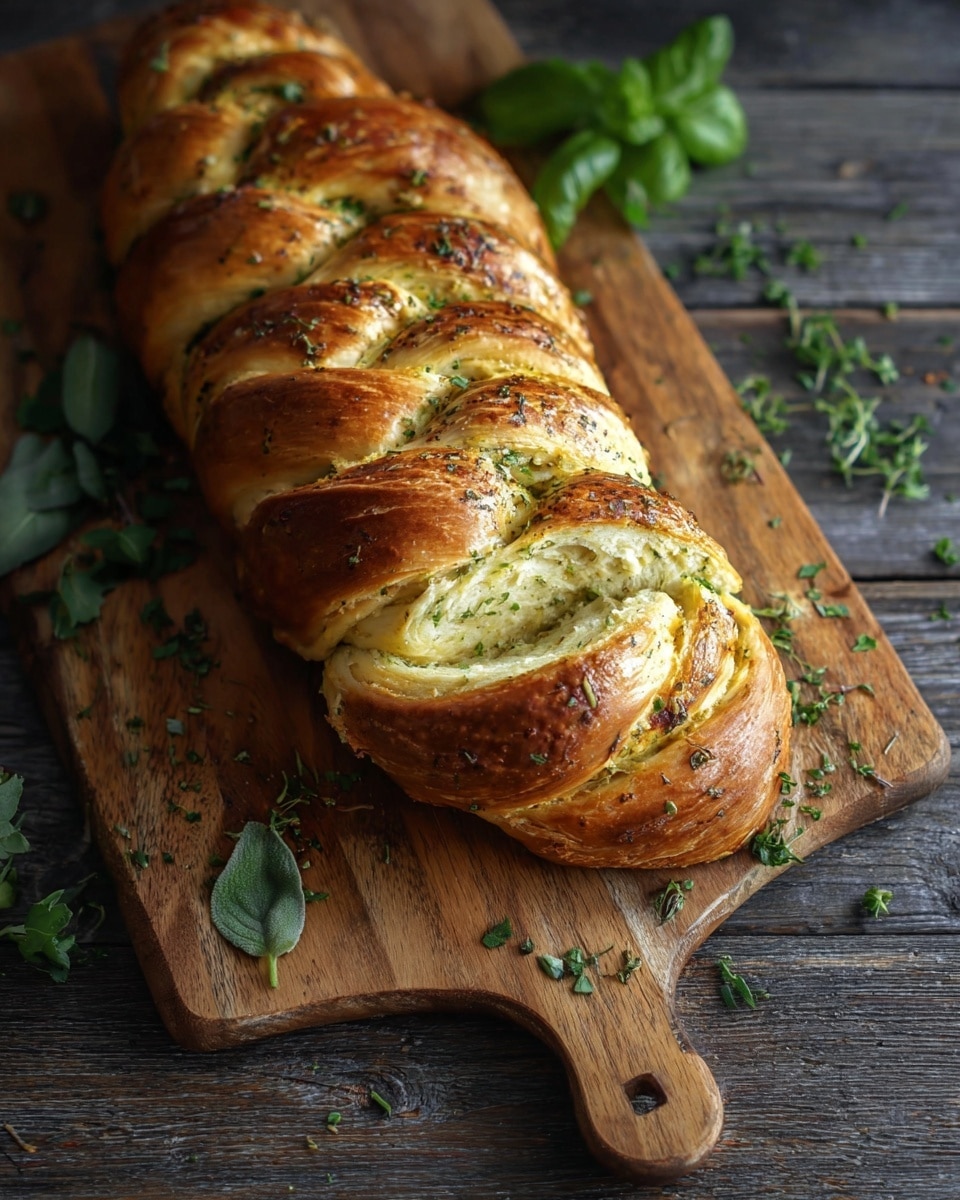 A golden brown braided bread loaf sits on a wooden cutting board with a handle, with visible layers showing a mix of creamy yellow dough and green herb filling twisted inside. The bread crust is shiny and slightly crispy, with some clear herb flecks on top. Around the bread on the cutting board are fresh green herbs scattered casually. The background is dark wood, contrasting with the warm tones of the bread. photo taken with an iphone --ar 4:5 --v 7