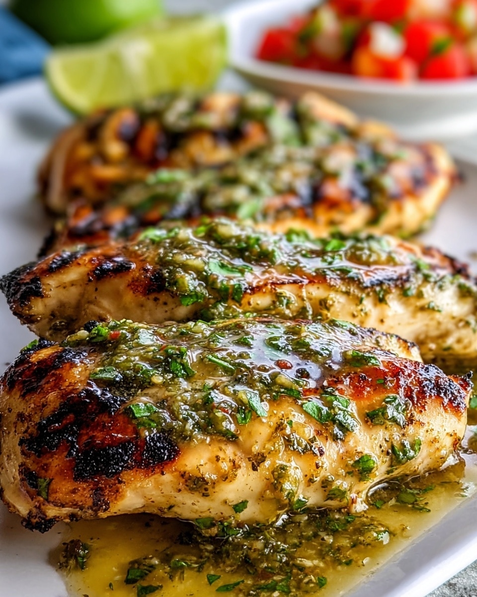 The image shows a close-up of four grilled chicken breasts lined up on a white plate, each piece with a golden-brown charred surface. The chicken is covered with a thick, green herb sauce that glistens and has bits of chopped fresh herbs on top. In the blurred background, there are small chopped red tomatoes and a halved lime placed on the side, all set on a white marbled texture. The focus is on the front chicken breast with visible moisture and texture from the sauce and grill marks. photo taken with an iphone --ar 4:5 --v 7