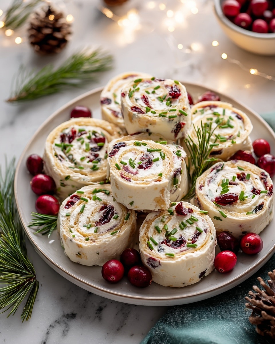 A round white plate holds nine creamy pinwheel rolls arranged closely together, each consisting of three visible layers: a soft, light beige wrap on the outside, a thick, white creamy cheese filling in the middle with bits of small, dark red cranberries embedded evenly throughout, and a sprinkle of finely chopped green chives scattered on top of the cheese. Fresh whole cranberries and small pine needles decorate the plate adding bright red and green accents. The plate rests on a white marbled surface with cozy warm white fairy lights and pine cones around, creating a festive feel. Photo taken with an iphone --ar 4:5 --v 7