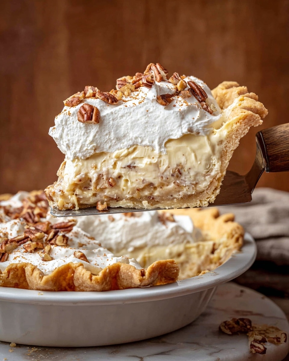 A slice of pie is being lifted from a white pie dish with a golden, flaky crust that has crimped edges. The pie has three main layers: a bottom crust that is slightly thick and golden brown, a creamy middle filling mixed with bits of nuts giving it a light beige color and rough texture, and a thick, smooth white whipped cream topping sprinkled with chopped brown pecans. The background shows a warm brown wooden surface with a white marbled texture beneath the pie dish. The slice is held by a pie server with a wooden handle. Photo taken with an iphone --ar 4:5 --v 7