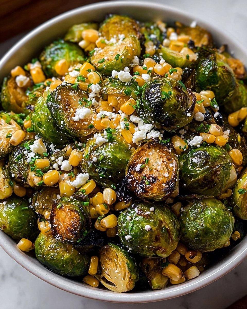 A close-up view of a bowl filled with roasted Brussels sprouts and corn. The dish has two main layers: the Brussels sprouts that are halved and whole, showing a mix of bright green and caramelized golden brown colors, with a slightly crispy texture; and the small yellow corn kernels scattered all over, adding color contrast. Small bits of green herbs and white crumbles, likely cheese, are sprinkled throughout, enhancing the texture and brightness. The bowl is white, and the dish sits on a white marbled surface. Photo taken with an iphone --ar 4:5 --v 7
