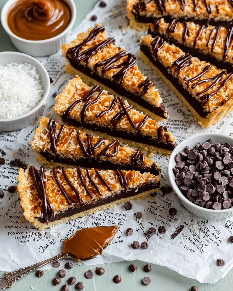 The image shows several tart slices arranged on a white marbled surface lined with parchment paper that has text on it. Each tart slice has three layers: a light golden shortbread base, a middle dark chocolate layer, and a thick top layer of golden toasted coconut mixed with caramel, decorated with zigzag lines of dark chocolate. There are two small white bowls placed among the slices, one filled with mini chocolate chips and the other with white shredded coconut. A silver spoon with a dollop of caramel rests near the tarts. Some mini chocolate chips are scattered around, enhancing the scene. photo taken with an iphone --ar 4:5 --v 7