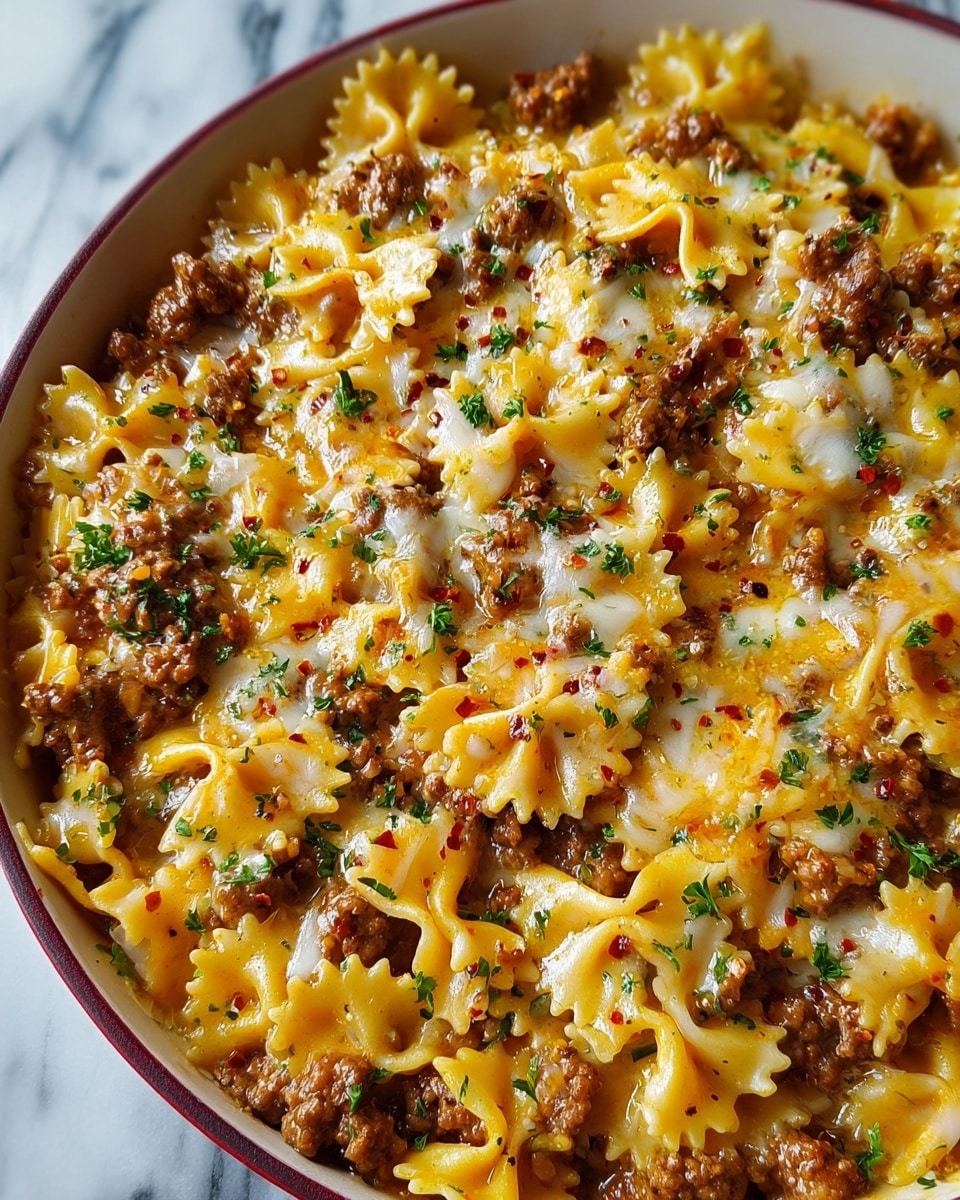 The image shows a close-up of a deep dish filled with cooked farfalle pasta layered with chunks of browned ground meat spread evenly throughout. A generous layer of melted yellow and white cheese covers the pasta and meat, with flecks of green herbs sprinkled on top. The pasta is coated in a light sauce giving it a shiny, moist look, and small red pepper flakes are scattered across the dish for spice. The dish is placed against a white marbled surface. photo taken with an iphone --ar 4:5 --v 7
