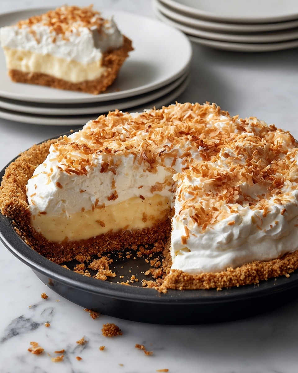A pie with three visible layers is shown in a black pie dish placed on a white marbled surface. The bottom layer is a thick, crumbly, golden brown crust that lines the edges and base evenly. Above this is a thick, creamy, pale yellow filling that looks smooth and soft. The top layer is a large mound of fluffy white whipped cream spread over the filling, topped with toasted light brown coconut flakes scattered richly all over. A wedge has been cut out, showing the layered inside clearly, and crumbs are scattered on the black dish where the slice was taken. In the background, there is a stack of white plates with one having a slice of the pie on it, resting on the same white marbled texture. photo taken with an iphone --ar 4:5 --v 7