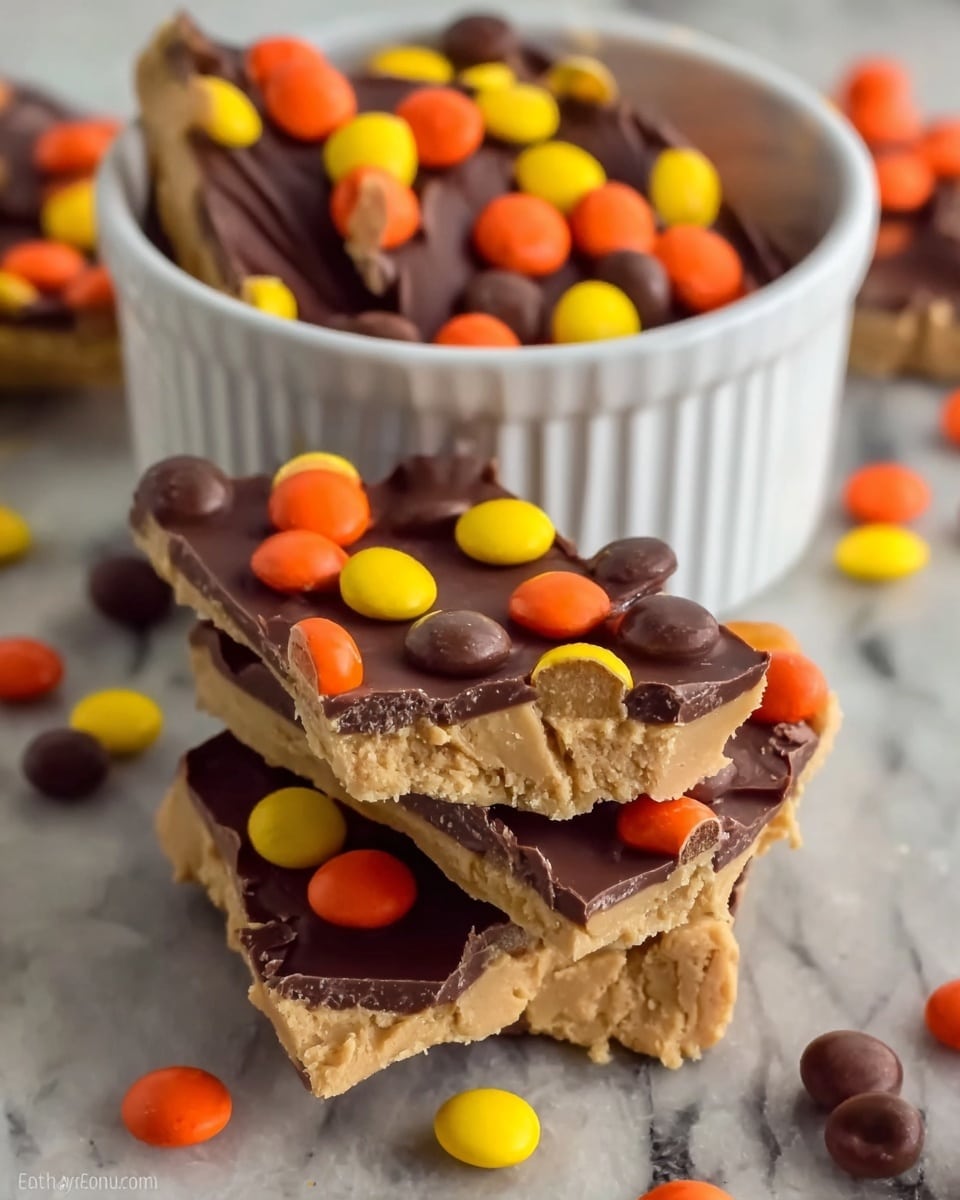 The image shows several pieces of a layered chocolate and peanut butter bark. The bottom layer is thick and creamy peanut butter with a slightly crumbly texture, in a light tan color. On top is a smooth, dark brown chocolate layer that covers the peanut butter fully. The final layer consists of colorful candy-coated chocolates scattered over the chocolate, mostly in orange, yellow, and brown colors. The pieces are stacked casually, with some placed in a white ribbed bowl behind them. The background has a rough white marbled texture with some scattered candy pieces around. Photo taken with an iphone --ar 4:5 --v 7