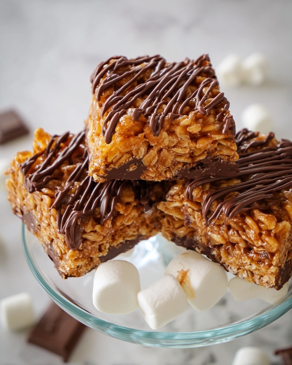 Three square layers of golden-brown crispy cereal bars with visible oats and a sticky caramel-like texture are placed on a clear glass plate. Each bar shows a thick bottom layer coated in dark melted chocolate, with the top layer covered in drizzled milk chocolate lines. The bars rest on a smooth white marbled surface with scattered small white marshmallows and bits of chocolate around the plate. photo taken with an iphone --ar 4:5 --v 7