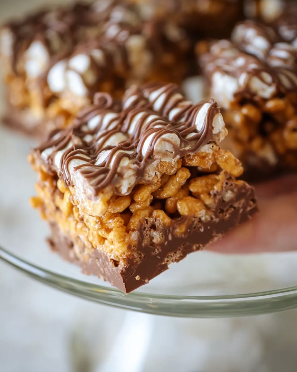 A close-up of a square-shaped treat with three visible layers: the bottom layer is smooth milk chocolate, the middle layer is a crunchy mix of golden brown cereal pieces and melted marshmallow coating, and the top layer has thin lines of milk chocolate drizzled over the cereal mix, adding texture. The treat is held above a white marbled surface on a clear plate by a woman's hand. Photo taken with an iphone --ar 4:5 --v 7
