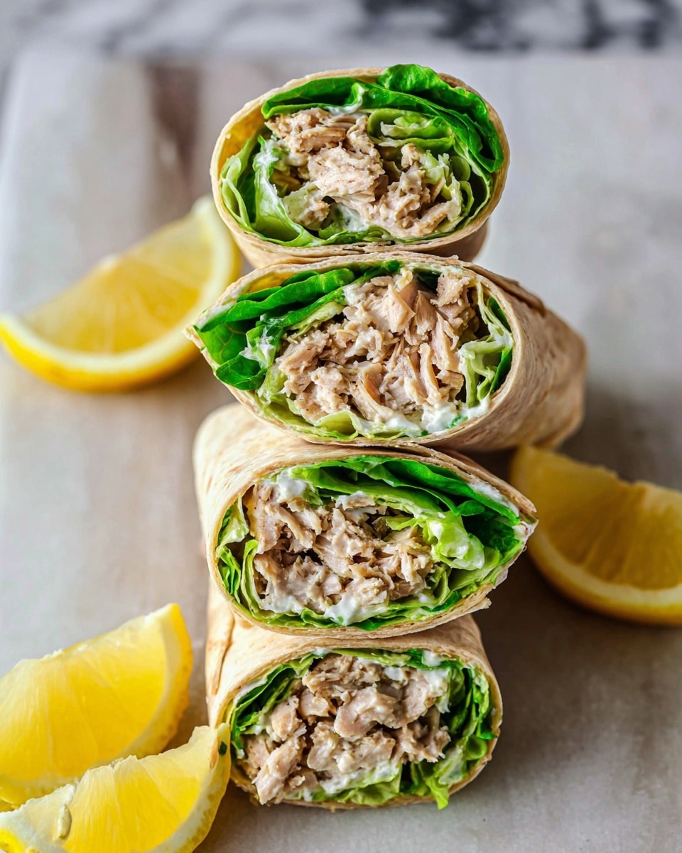 Four cut wraps are stacked vertically, each showing three layers: the outer beige wrap, followed by a layer of bright green lettuce, and a generous filling of light brown shredded chicken mixed with a white creamy sauce, all neatly rolled. The wraps are set on a white marbled texture, with two lemon wedges, one positioned at the bottom and another partially visible at the top, adding a fresh yellow contrast. The photo taken with an iphone --ar 4:5 --v 7