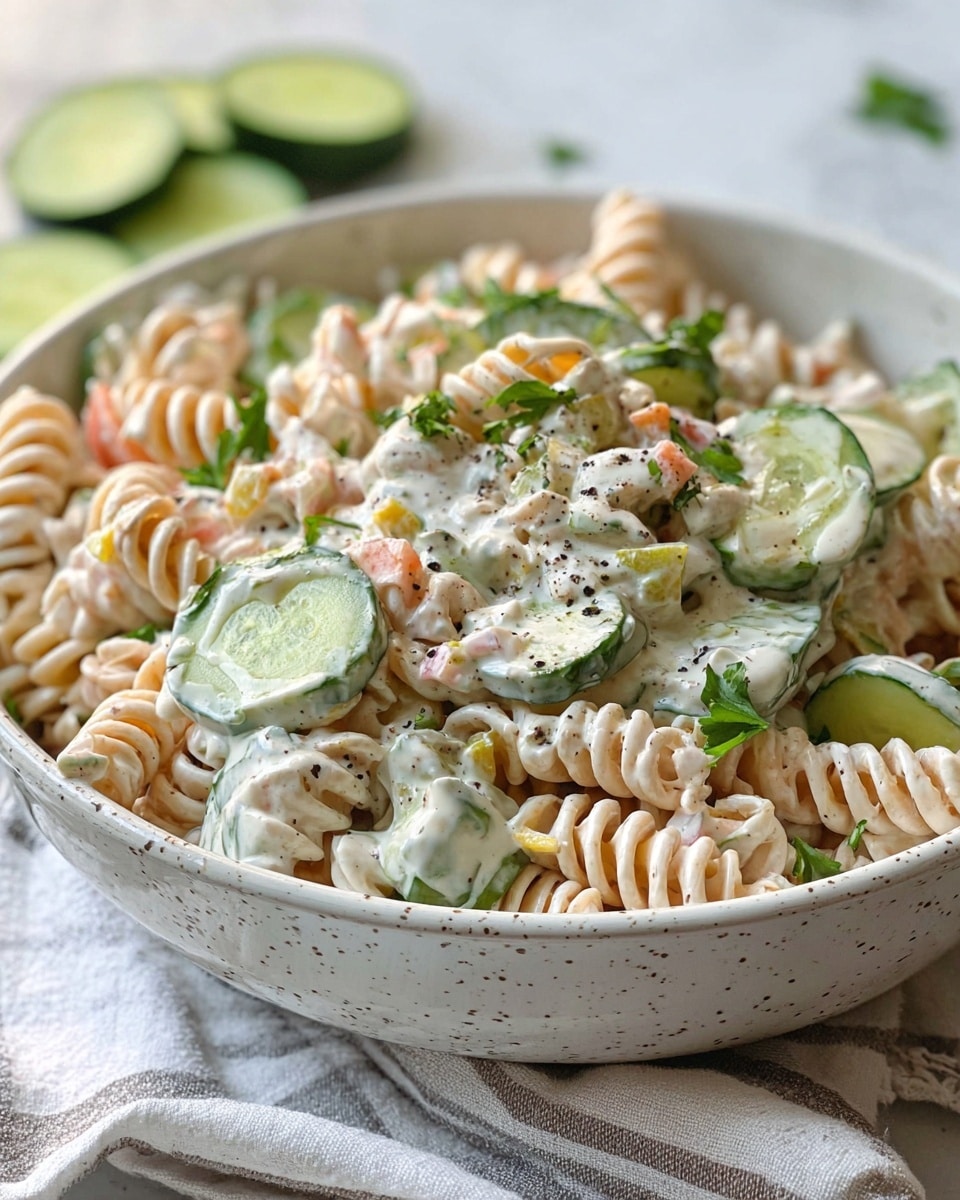 A close-up view of a white speckled bowl filled with a creamy pasta salad. The dish has three main layers: the bottom layer is light beige spiral rotini pasta, the middle layer consists of thick slices of light green cucumber with a bit of skin showing, and small orange and yellow veggie pieces, while the top layer is thick white creamy dressing mixed evenly throughout. Green parsley leaves are scattered on top with crushed black pepper sprinkled all over. The bowl sits on a soft striped cloth on a white marbled surface, with blurry cucumber slices in the background. Photo taken with an iphone --ar 4:5 --v 7