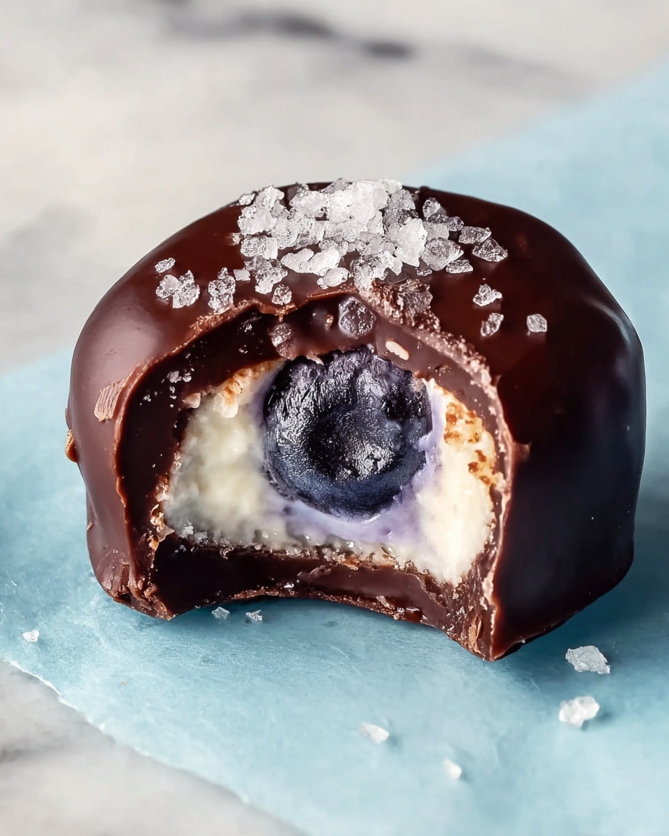 A single bite-sized chocolate-covered dessert sits on a piece of light blue paper on a white marbled surface. The outer layer is a smooth, dark chocolate coating with a shiny, slightly bumpy texture. On top of the chocolate is a sprinkle of coarse, translucent salt crystals that add texture and contrast. The dessert has a bite taken out, revealing two inner layers: a creamy white layer mixed with hints of light purple, and a whole dark blueberry embedded in the center. The cut edge of the chocolate shows a thin, crisp shell around the soft inside. Photo taken with an iphone --ar 4:5 --v 7