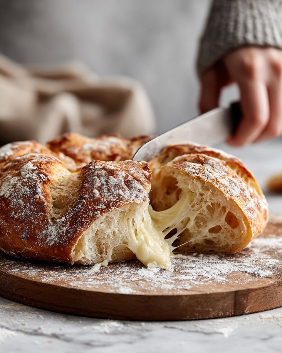 A close-up of a freshly baked cheese-filled bread with one section cut open, showing a golden-brown crust dusted with flour and stretchy melted cheese inside with a light creamy color and smooth texture; the bread rests on a wooden board sprinkled with flour, while a woman's hand holds a knife cutting it, all set on a white marbled texture surface with a blurred background. photo taken with an iphone --ar 4:5 --v 7