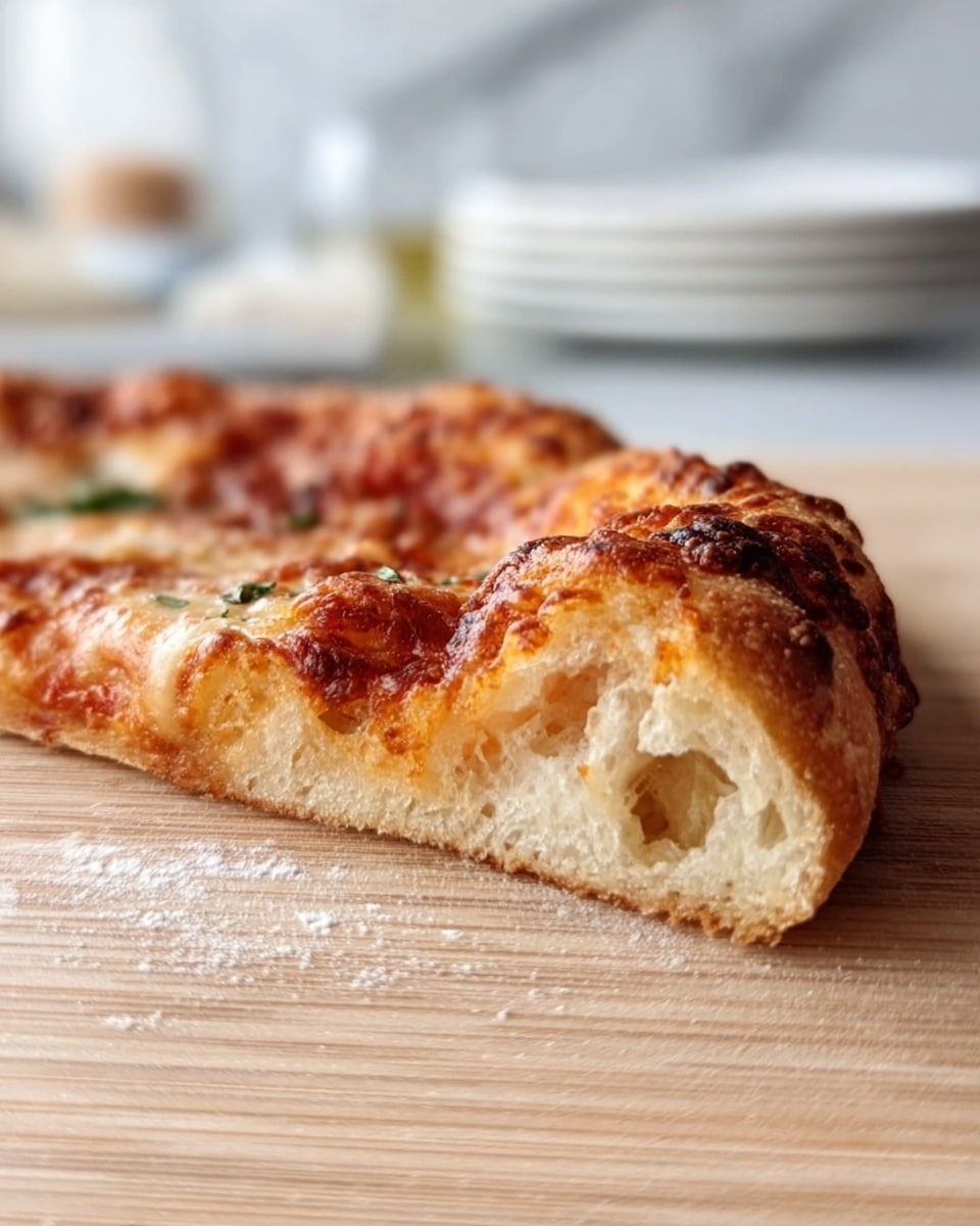The image shows a close-up side view of a slice of pizza with a thick, golden-brown crust that appears soft and airy on the inside. The top layer has melted cheese with a slightly browned, bubbly texture. The slice rests on a light wooden surface with blurred white plates and a white marbled background. photo taken with an iphone --ar 4:5 --v 7