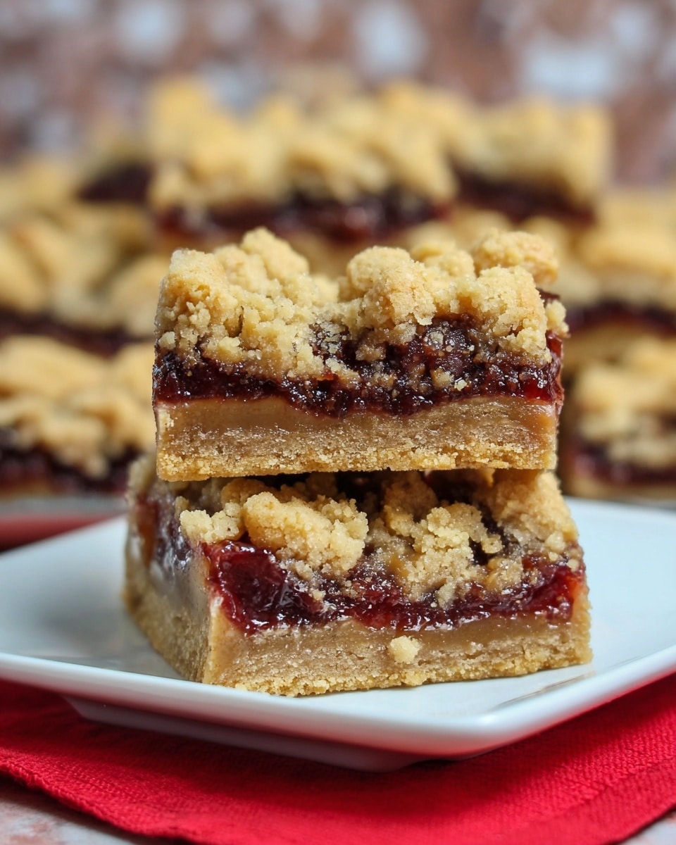 The image shows a close-up view of a square slice of fruit crumble bar with three visible layers. The bottom layer is a dense light brown crust, slightly crumbly. The middle layer is a thick dark red fruit jam filling, glossy and smooth. The top layer consists of golden, chunky crumble pieces that are uneven and rough in texture, covering the jam. The bar is standing upright on a white plate, which is set on a white marbled textured surface with a red cloth underneath. In the background, more bars are softly blurred. Photo taken with an iphone --ar 4:5 --v 7