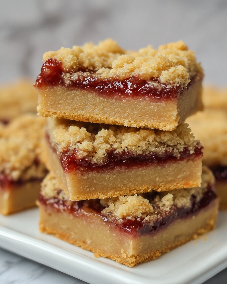 The image shows a close-up of three stacked dessert bars on a white plate, set against a white marbled surface. Each bar has three layers: the bottom layer is a thick, firm, light golden-brown crust; the middle layer is a thin strip of glossy, jam-like filling in a deep red color; and the top layer is a crumbly, rough textured topping in a pale golden color. The bars' edges look slightly crumbly and uneven, giving them a homemade feel. Photo taken with an iphone --ar 4:5 --v 7