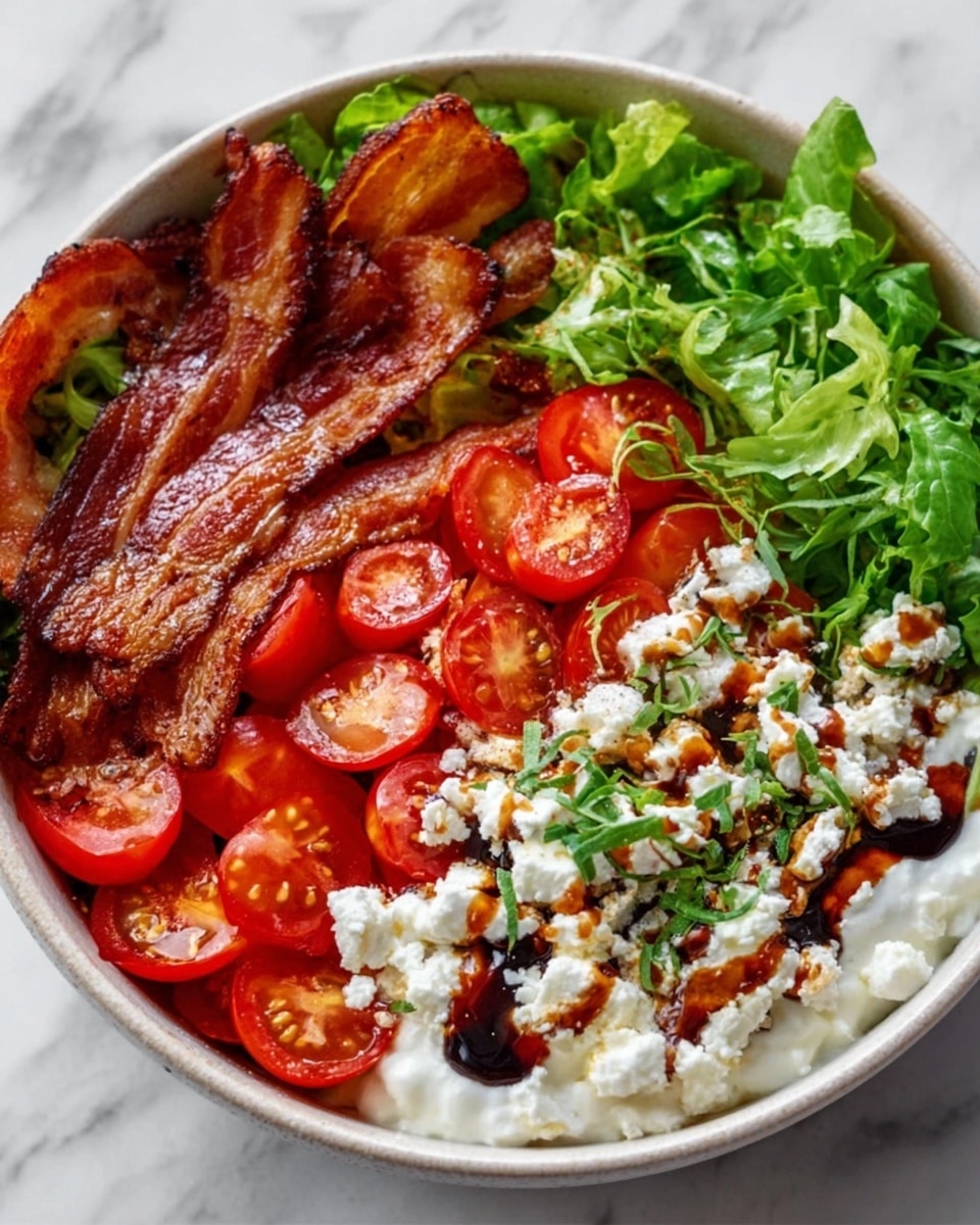 The image shows a bowl with four clear layers arranged side by side. The first layer on the left is several strips of cooked crispy bacon with a golden brown and slightly oily texture. Next to it is a fresh green leafy layer, likely mixed lettuce, with a vibrant and natural look. The third layer consists of bright red tomato slices cut into quarters, showing juicy seeds and a slightly glossy surface. The last layer on the right is a creamy white cheese or yogurt base topped with crumbly white cheese pieces and drizzled with a dark balsamic sauce, decorated with some green herbs on top. The bowl is white and sits on a white marbled surface. Photo taken with an iphone --ar 4:5 --v 7