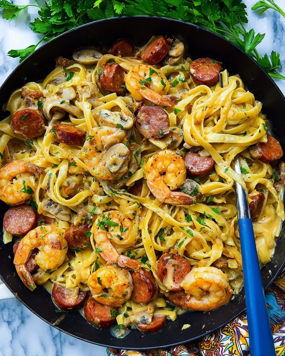 A black pan filled with a creamy pasta dish made of yellow fettuccine noodles mixed with reddish-brown sliced sausage pieces, golden cooked shrimp with a slight orange tint, and soft white mushroom slices. The pasta is covered lightly with a glossy sauce, with small green herb bits scattered on top and around the ingredients. Fresh green parsley leaves are partly visible on the upper left side, and a blue fork is holding some noodles on the right. The dish is set on a white marbled surface with a small part of a patterned cloth under the pan. photo taken with an iphone --ar 4:5 --v 7