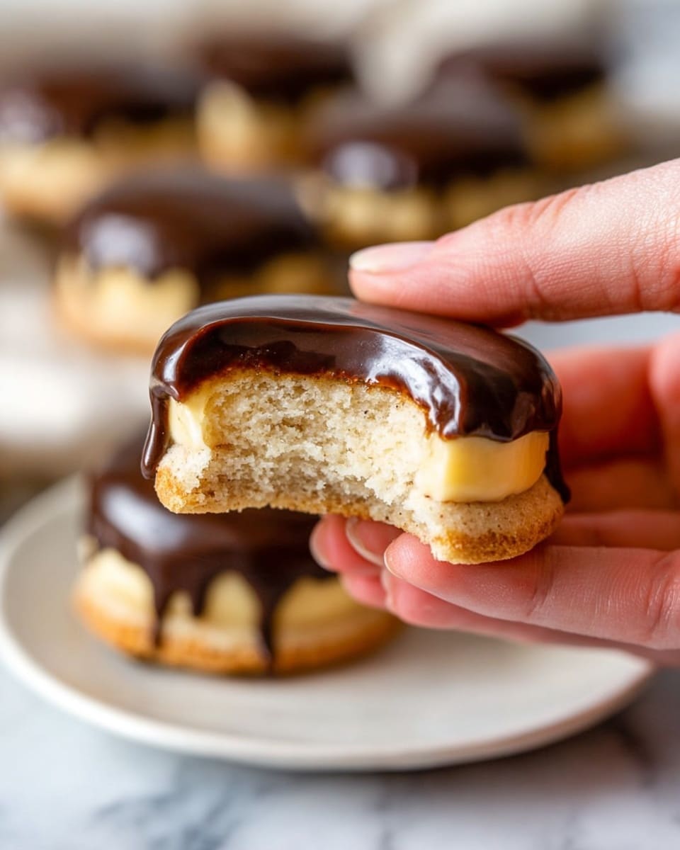 A close-up of a small round dessert held by a woman's hand with a bite taken out of it, showing a soft, light beige base layer that looks crumbly, topped with a thick smooth pale yellowish cream layer, and covered with a shiny dark chocolate glaze that slightly drips down the sides. In the background, more of the same desserts are placed on a white plate on a white marbled surface, softly blurred to keep focus on the one being held. photo taken with an iphone --ar 4:5 --v 7