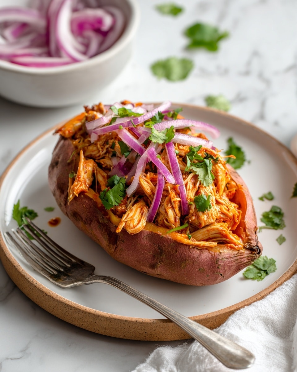 A baked sweet potato cut open and filled with shredded, orange-colored chicken mixed in a sauce, topped with thin, curved slices of purple-red onion and scattered green cilantro leaves. The sweet potato sits on a round white plate with a light brown rim, placed on a white marbled surface. A silver fork rests beside the sweet potato on the plate, and some cilantro sprigs and red onion slices are visible in a white bowl in the background. A white cloth lies partially visible at the bottom right corner. Photo taken with an iphone --ar 4:5 --v 7