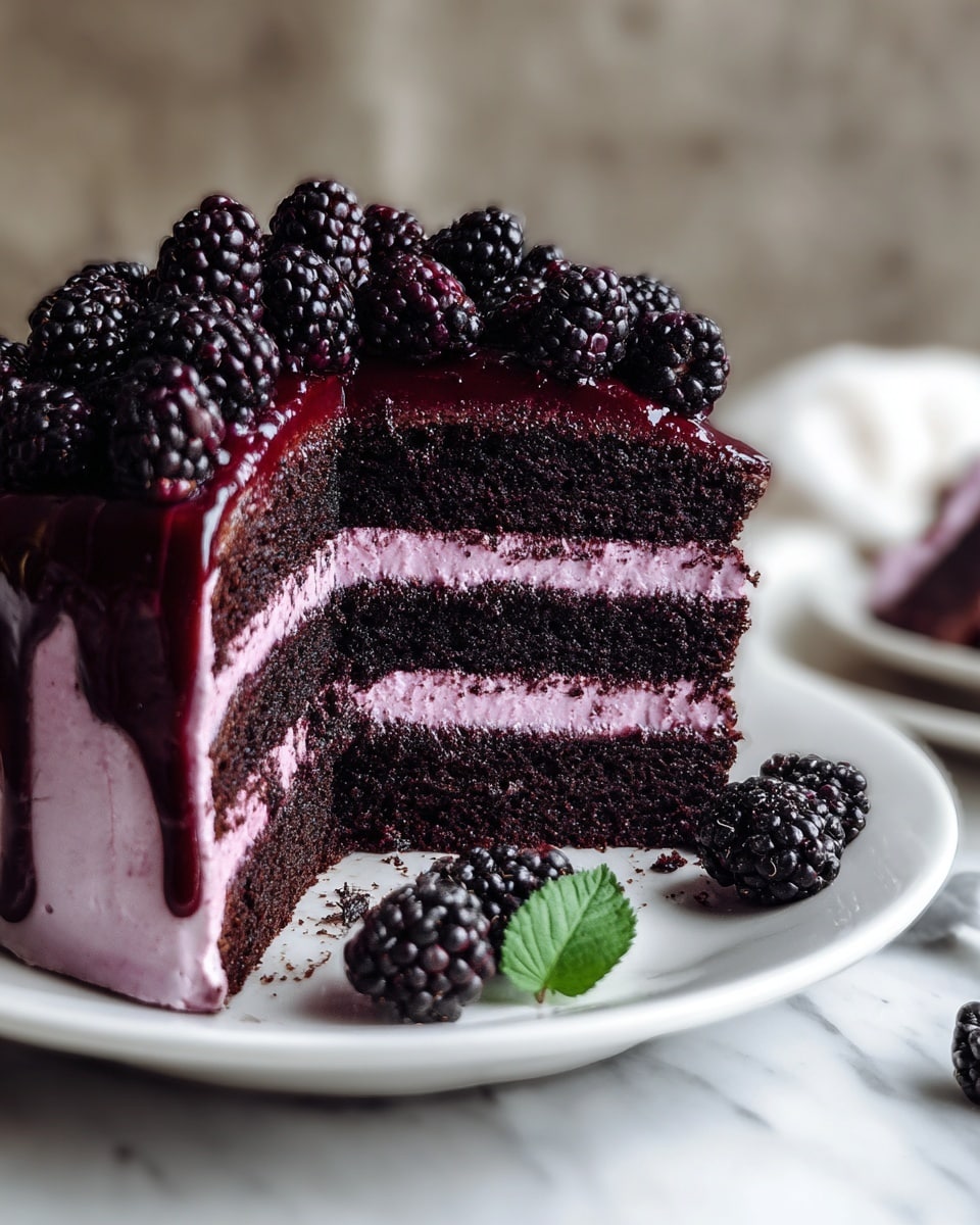 A round cake on a white plate is shown with one slice removed, revealing four layers of dark brown chocolate cake separated by three layers of light purple frosting. The whole cake is covered in the same purple frosting with a slightly rough texture. On top, there is a pile of fresh blackberries and raspberries, some green mint leaves, all dusted lightly with powdered sugar. Around the plate are a few extra mint leaves and berries scattered on a white marbled surface. In the background, two smaller white plates hold slices of the same cake. Photo taken with an iphone --ar 4:5 --v 7