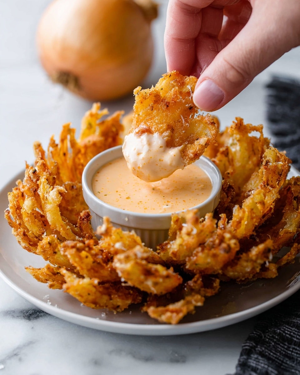 A fried, golden-brown blooming onion with many crispy, spiky layers of thin onion petals is arranged in a circle on a white plate. In the middle of the onion, there is a small round container filled with a smooth, creamy, pale orange dipping sauce with specks of seasoning, and a piece of the onion is being dipped into the sauce by a woman's hand, pinching it between fingers. The background shows a whole golden-brown onion blurred out on a white marbled surface photo taken with an iphone --ar 4:5 --v 7