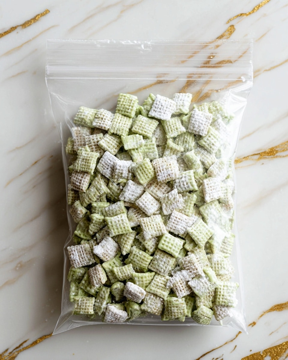 A clear plastic zipper bag is filled with square-shaped cereal pieces that have a waffle-like texture. Each piece is coated in a light green glossy substance with some parts fully covered and others just lightly coated, giving a mix of shiny and matte textures. A generous dusting of white powdered sugar is scattered unevenly on the cereal squares, adding a soft, powdery layer on top. The bag is placed on a white marbled surface with subtle gray veining and gold accents, creating a clean and elegant background. photo taken with an iphone --ar 4:5 --v 7