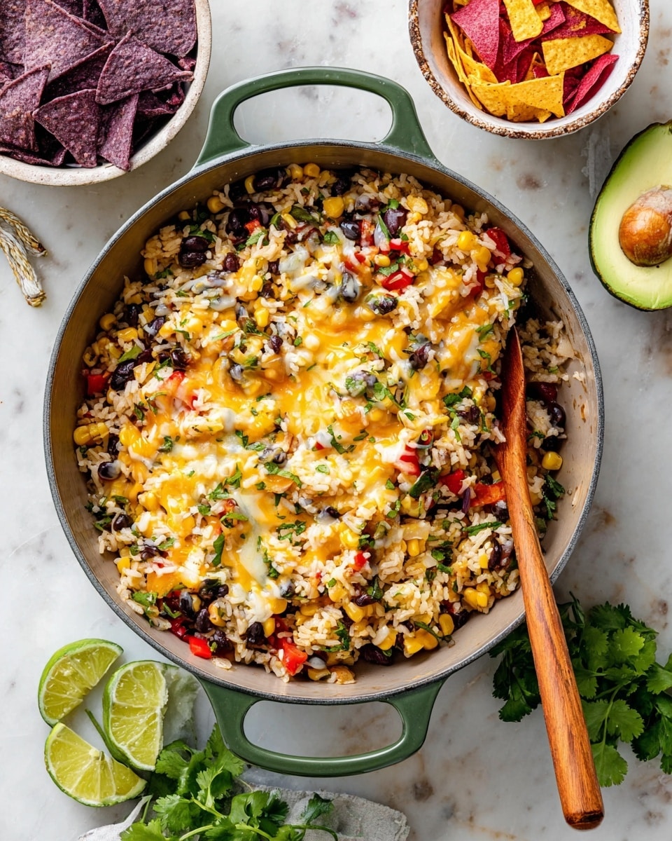 A green handled gray pan sits on a white marbled surface, filled with a colorful mix of cooked rice, black beans, yellow corn, diced red bell peppers, small bits of white cheese, and green herbs, all topped with melted cheddar and white cheese forming an uneven, gooey layer. A wooden spoon stirs the mixture in the pan. Above the pan is a small white bowl filled with red, purple, and beige tortilla strips, and around the pan are scattered lime wedges, half an avocado, and chopped cilantro. Photo taken with an iphone --ar 4:5 --v 7