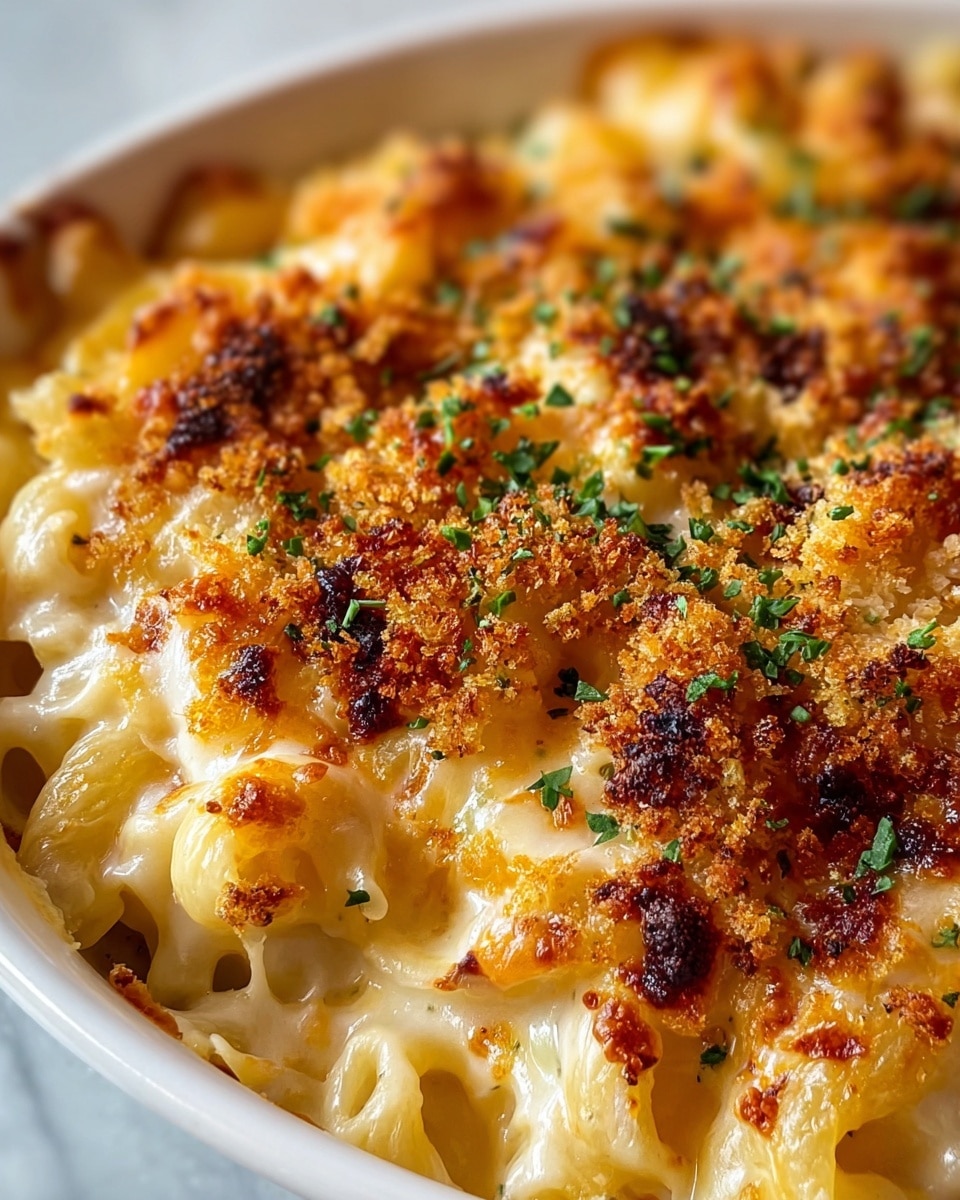 A close-up view of a baked macaroni and cheese dish in a white bowl, showing a creamy layer of macaroni pasta coated in melted cheese with golden brown toasted spots on top. The top layer includes a crunchy, golden breadcrumb crust sprinkled with finely chopped green herbs, giving a touch of color contrast. The baked cheese has melted unevenly, creating a mix of smooth and slightly browned textures across the surface. The white marbled background subtly frames the bowl, emphasizing the warm, rich tones of the dish photo taken with an iphone --ar 4:5 --v 7