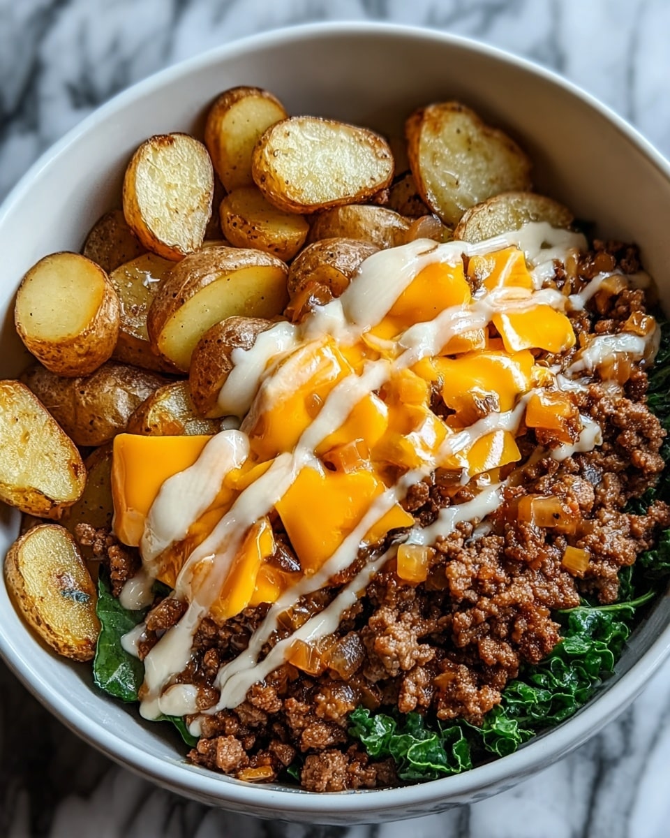 A white bowl holds a layered dish starting with a ring of small roasted potato wedges around the edge, light yellow with browned spots. Next to the potatoes is a bed of dark green leafy greens. The main central layer is ground beef cooked with small chopped onions, rich brown with bits of translucent onions visible. On top of the meat are slices of melted bright orange cheddar cheese. A drizzle of white creamy sauce is spread over the cheese and beef pieces in wavy lines. The bowl sits on a surface with a white marbled texture. photo taken with an iphone --ar 4:5 --v 7