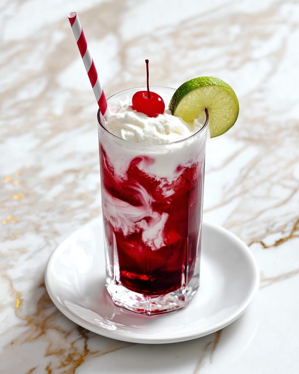 A tall clear glass filled with deep red liquid and white swirls from cream mixed inside, topped with a thick white cream layer. On the cream is a bright red cherry with a small stem in the middle, and a green lime wedge placed on the glass rim. A red and white striped straw is inserted into the drink, leaning slightly to the side. The glass sits on a simple white plate, placed on a white marble surface with faint gray veins and small gold highlights. photo taken with an iphone --ar 4:5 --v 7