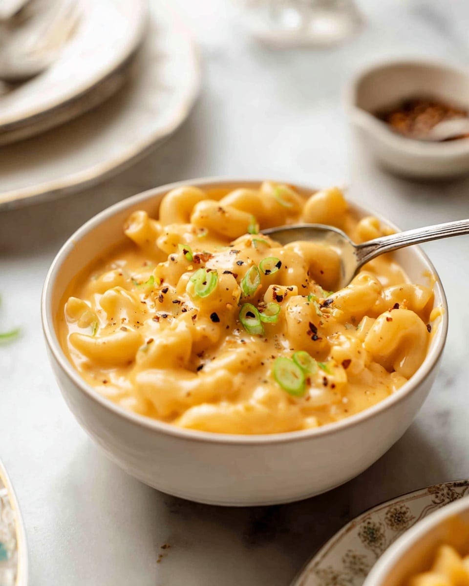 A close-up of a white bowl filled with creamy, bright orange macaroni and cheese, each elbow pasta piece coated thickly in smooth cheese sauce. Small green onion slices are sprinkled on top, adding green and white pops of color, with black pepper flakes scattered lightly over the dish. A silver spoon rests inside the bowl, partially submerged in the macaroni and cheese, casting a soft reflection. The bowl sits on a white marbled surface, with blurred white plates and a small bowl of seasoning in the background. photo taken with an iphone --ar 4:5 --v 7