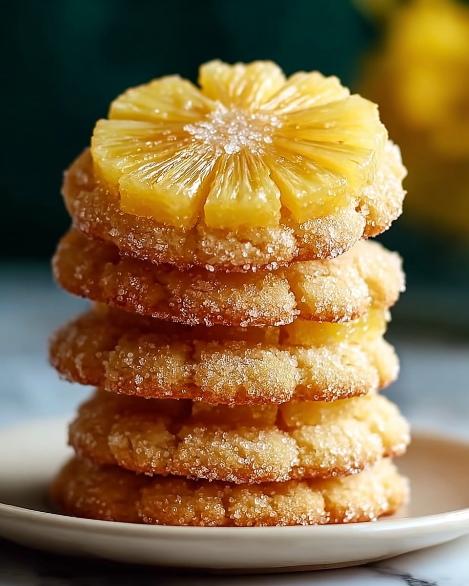 A tall stack of four round pineapple cookies sits on a white plate, placed on a white marbled surface. Each cookie has a light golden color with coarse sugar crystals covering the edges, giving a sparkling texture. The top cookie has a juicy, translucent pineapple slice with distinct segmented sections radiating outward, slightly glossed, and a small mound of sugar crystals in the center. The cookies beneath show cracks and a soft crumbly texture, with the bottom cookie also topped with a pineapple slice. The background is softly blurred with dark green and yellow tones. Photo taken with an iphone --ar 4:5 --v 7