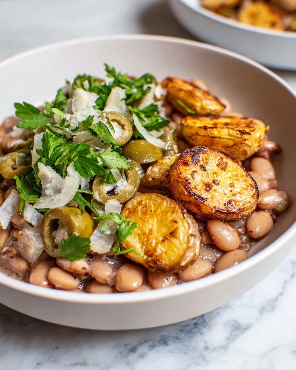 The dish shows a white bowl filled with a base layer of light brown beans that have a soft, slightly shiny texture. On top, there are golden-brown roasted potato halves with a crispy skin and soft inside, arranged in a small pile. Scattered around the potatoes are small green olive slices and fresh bright green parsley leaves. There are also small white chopped onions or similar ingredients adding texture and contrast, all placed on a white marbled surface. Photo taken with an iphone --ar 4:5 --v 7