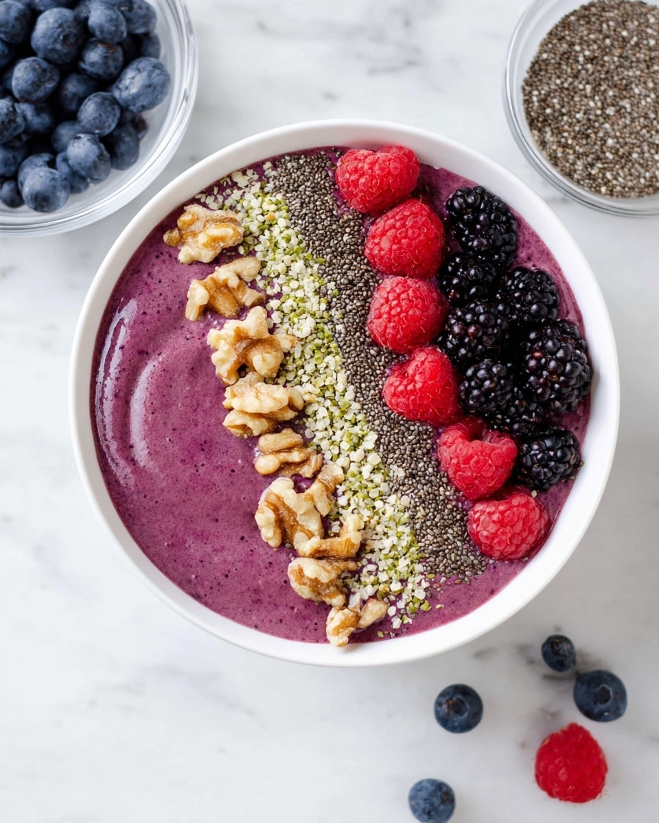 A white bowl filled with a smooth, thick purple smoothie base. On top, there are three neat vertical lines of toppings: crushed walnuts with a light brown, rough texture on the left, small black chia seeds in the middle, and pale green hemp seeds on the right. Fresh berries—including bright red raspberries, deep black blackberries, and dark blue blueberries—are scattered mainly over the right half of the bowl, adding a fresh and colorful look. The bowl sits on a white marbled surface with two small glass bowls in the background, one filled with blueberries and the other with chia seeds. photo taken with an iphone --ar 4:5 --v 7