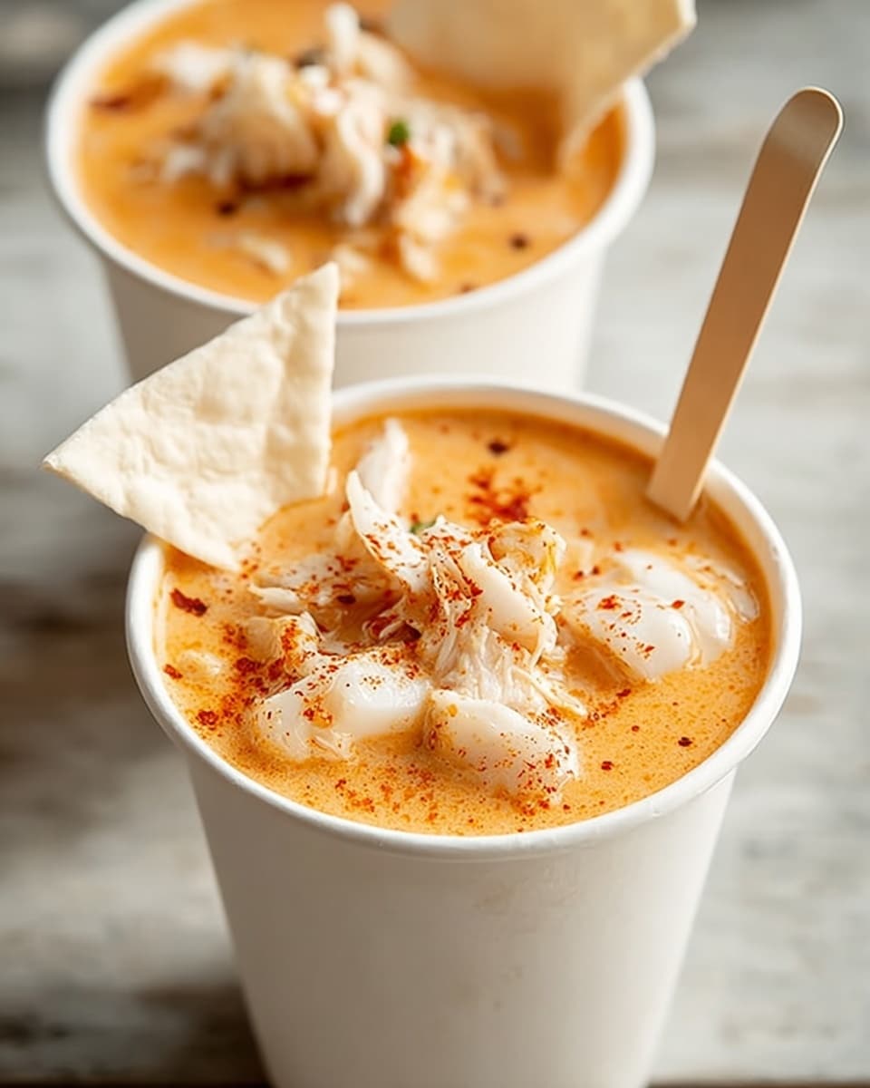 Two white paper cups filled with creamy orange-beige soup that has chunks of white seafood and small green herb pieces floating on the surface; one cup in front has a large square cracker inserted on the left side, and both cups rest on a white marbled texture background. photo taken with an iphone --ar 4:5 --v 7