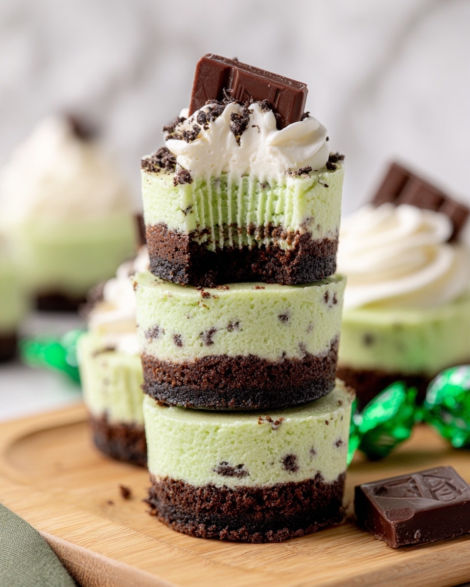 The image shows small, round layered mint cheesecakes each in white cupcake liners. Each cheesecake has three layers: a dark brown crumbly base, a bright green creamy middle layer, and a smooth dark chocolate layer on top. Swirls of white whipped cream sit atop the chocolate, sprinkled with tiny dark crumbs. Each cake is adorned with a small square of dark chocolate pressed into the whipped cream. The cheesecakes are placed on a light wooden board and white marbled surface, surrounded by green wrapped Andes mints and whole chocolate sandwich cookies, with a green and white cloth blurred in the background. photo taken with an iphone --ar 4:5 --v 7