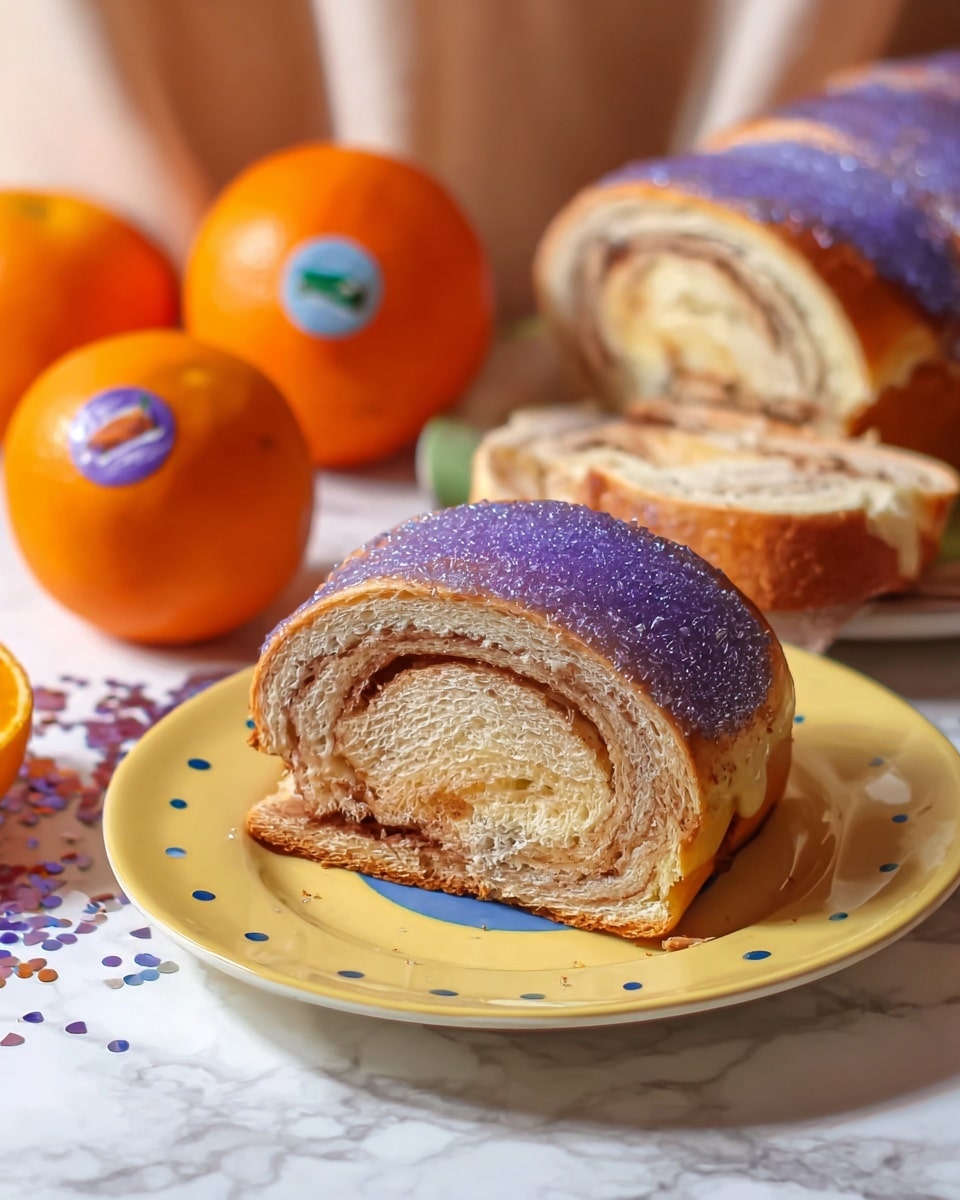 The image shows a sliced, rolled bread with a light brown crust and a soft, layered inside with visible swirls of cinnamon. The top part of the bread is decorated with a layer of shiny purple sugar crystals. The bread is placed on a yellow plate with small blue dots around the edge. In the foreground and background, there are two bright orange fruits with stickers on them, placed on a white marbled surface. The overall setting gives a cozy and fresh look. photo taken with an iphone --ar 4:5 --v 7