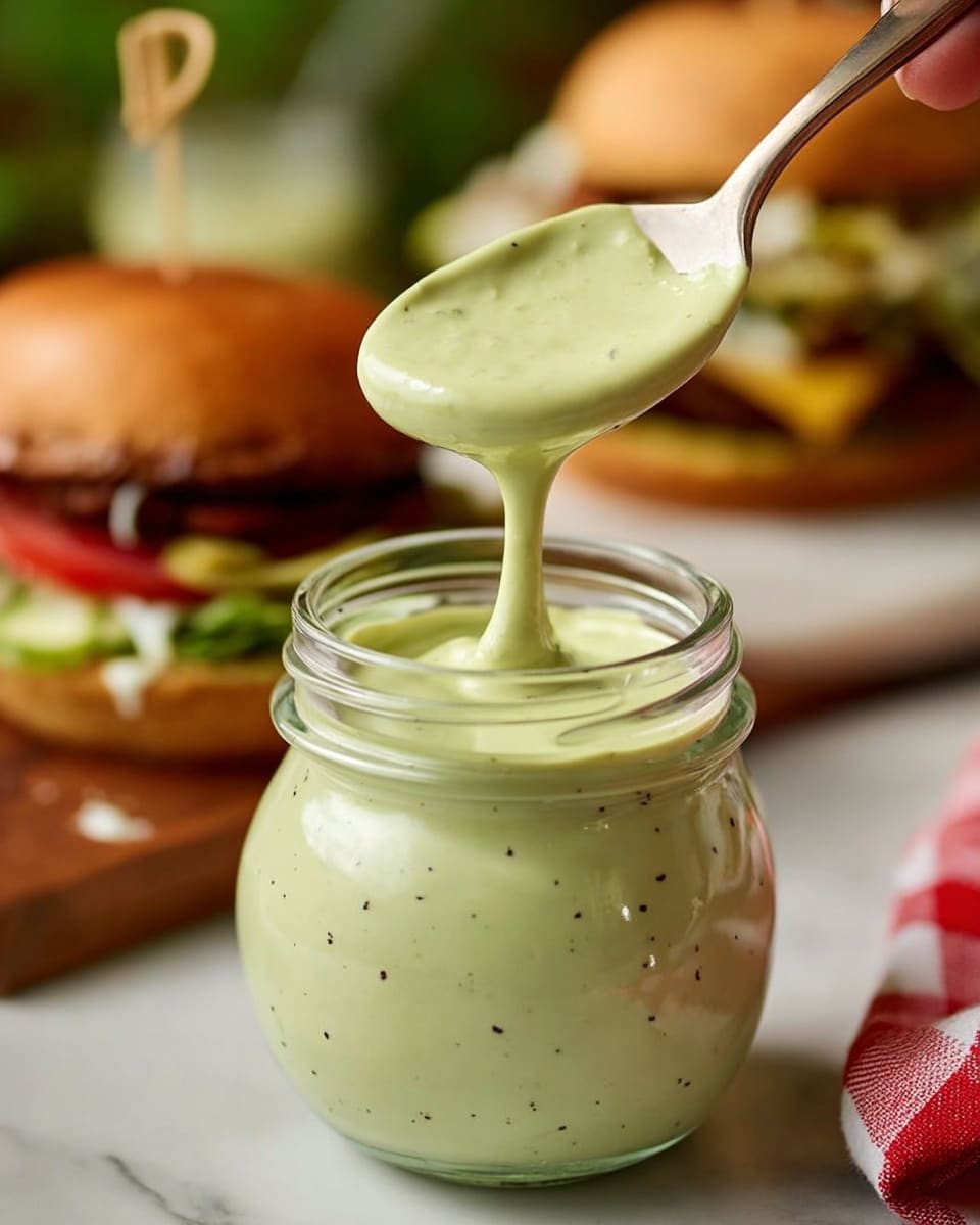 A close-up view of a clear glass jar filled with smooth, light green sauce with small black specks. A silver spoon is held above the jar by a woman's hand, pouring the creamy sauce back into the jar in a thick stream. In the blurred background, there are two sandwiches with golden brown buns and various toppings on a white marbled surface. A red and white checkered cloth is on the lower right corner. Photo taken with an iphone --ar 4:5 --v 7