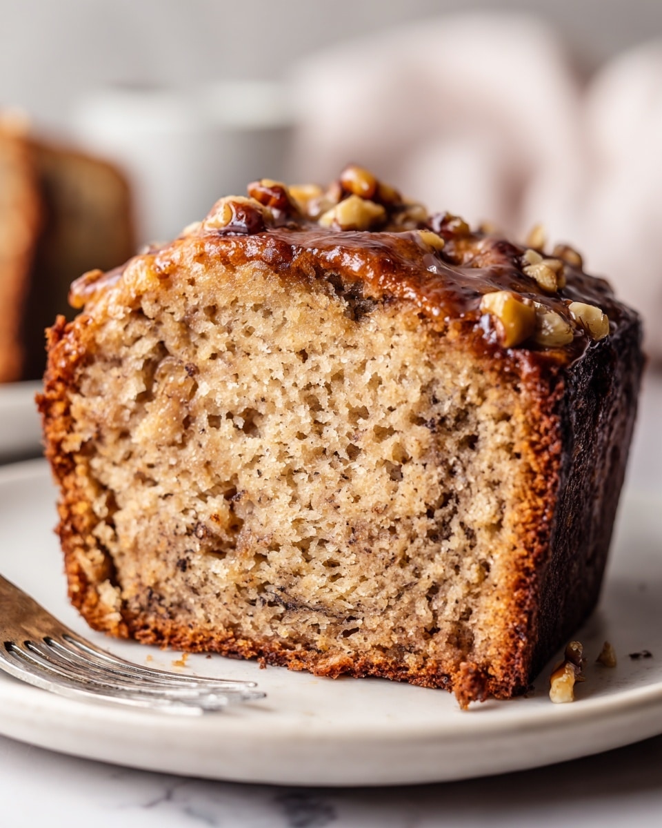 A close-up image of a thick slice of banana bread placed on a white plate, showing a moist, crumbly texture with small darker banana specks evenly spread inside the light brown bread. The top layer is darker and crispy with a shiny glaze and small nut pieces scattered, adding texture and contrast. The slice has clean edges, and the white marbled surface beneath highlights the warm rich colors of the bread. A silver fork barely peeks from under the plate, and the background is softly blurred. Photo taken with an iphone --ar 4:5 --v 7