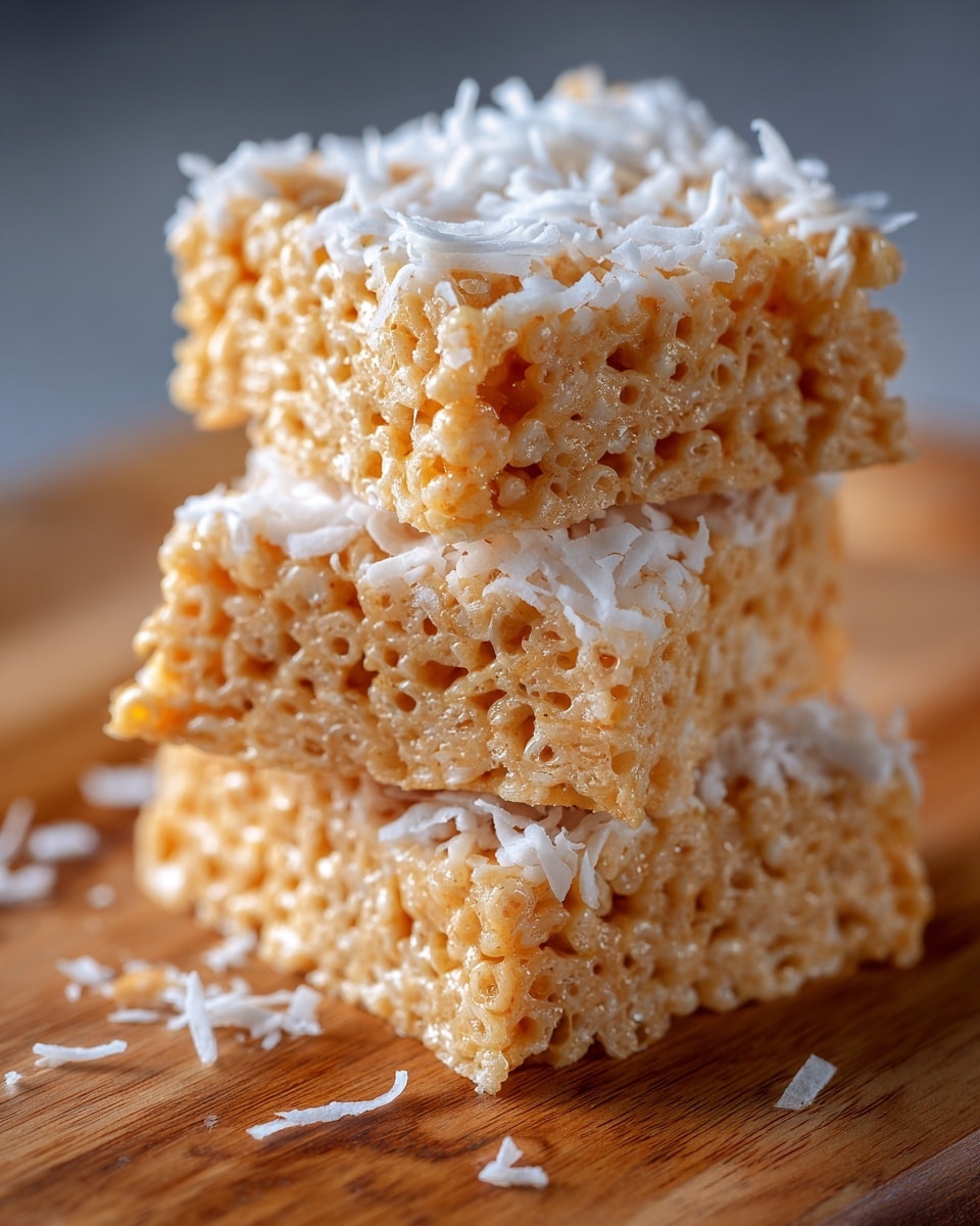 The image shows close-up of a stack of three light golden crispy rice treats topped with shredded white coconut, placed on a smooth wooden surface. Each treat has a spongy, sticky texture with visible puffed rice grains held together by a creamy, slightly shiny mixture. The coconut shreds sit unevenly on top and around the edges, adding a flaky texture and bright white color contrast. The soft light enhances the gooey, chewy look of the treats. Photo taken with an iphone --ar 4:5 --v 7