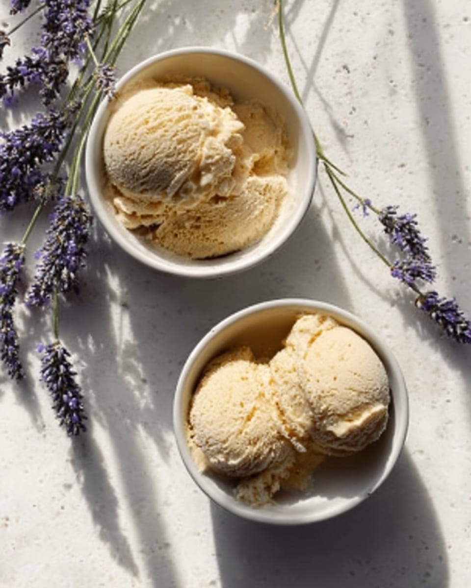 The image shows two white bowls on a white marbled surface, each filled with two scoops of creamy, light brown ice cream with a smooth texture. The ice cream has small visible specks, giving it a slightly textured look. To the left of the bowls is a sprig of purple lavender, adding a touch of color and natural beauty to the scene. The light creates soft shadows across the bowls and ice cream, enhancing the creamy appearance. photo taken with an iphone --ar 4:5 --v 7